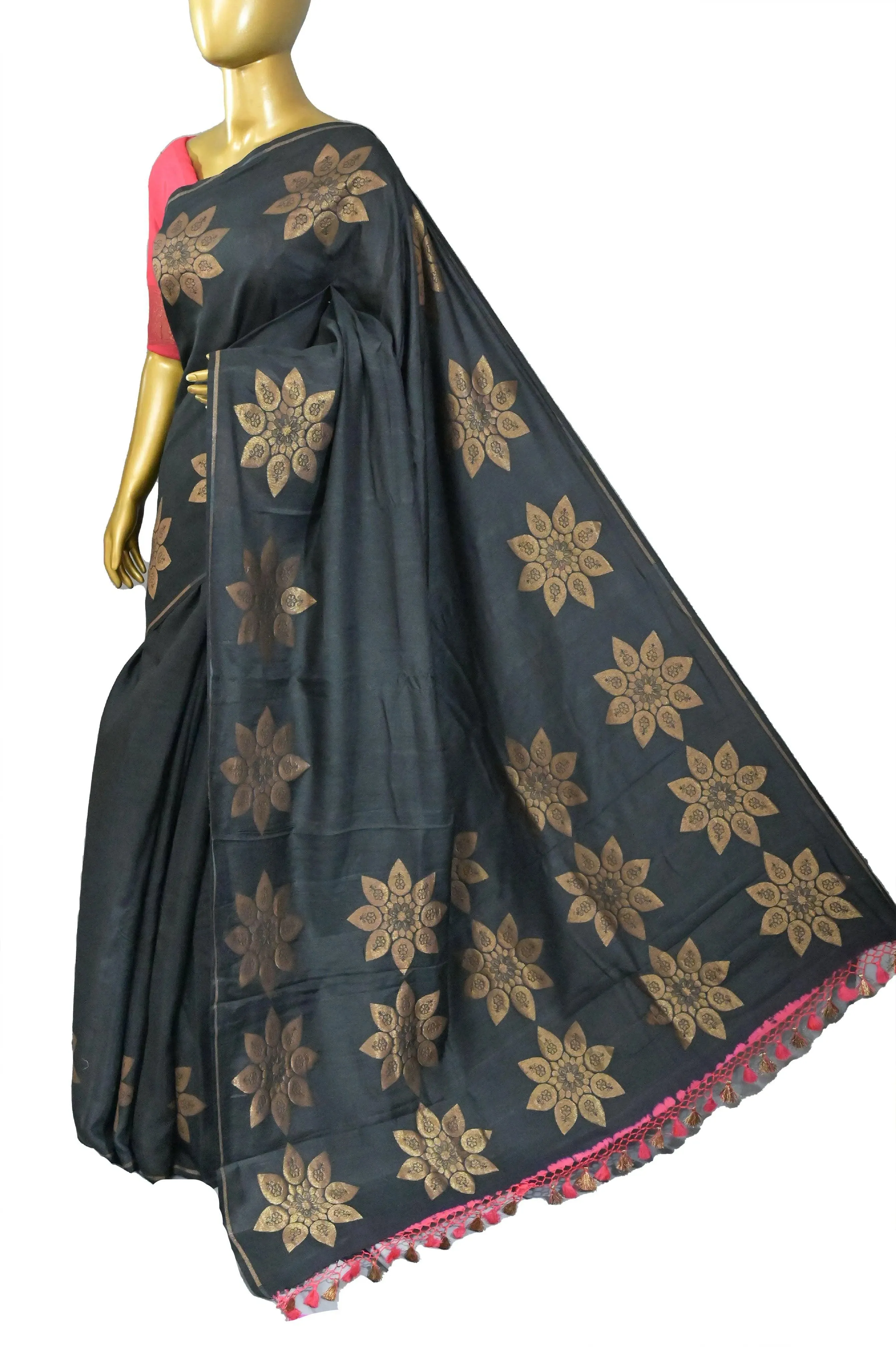 Coal Black Color Muga Banarasi Saree