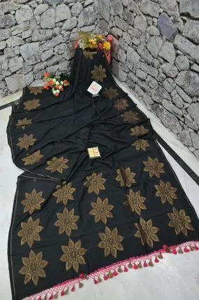 Coal Black Color Muga Banarasi Saree