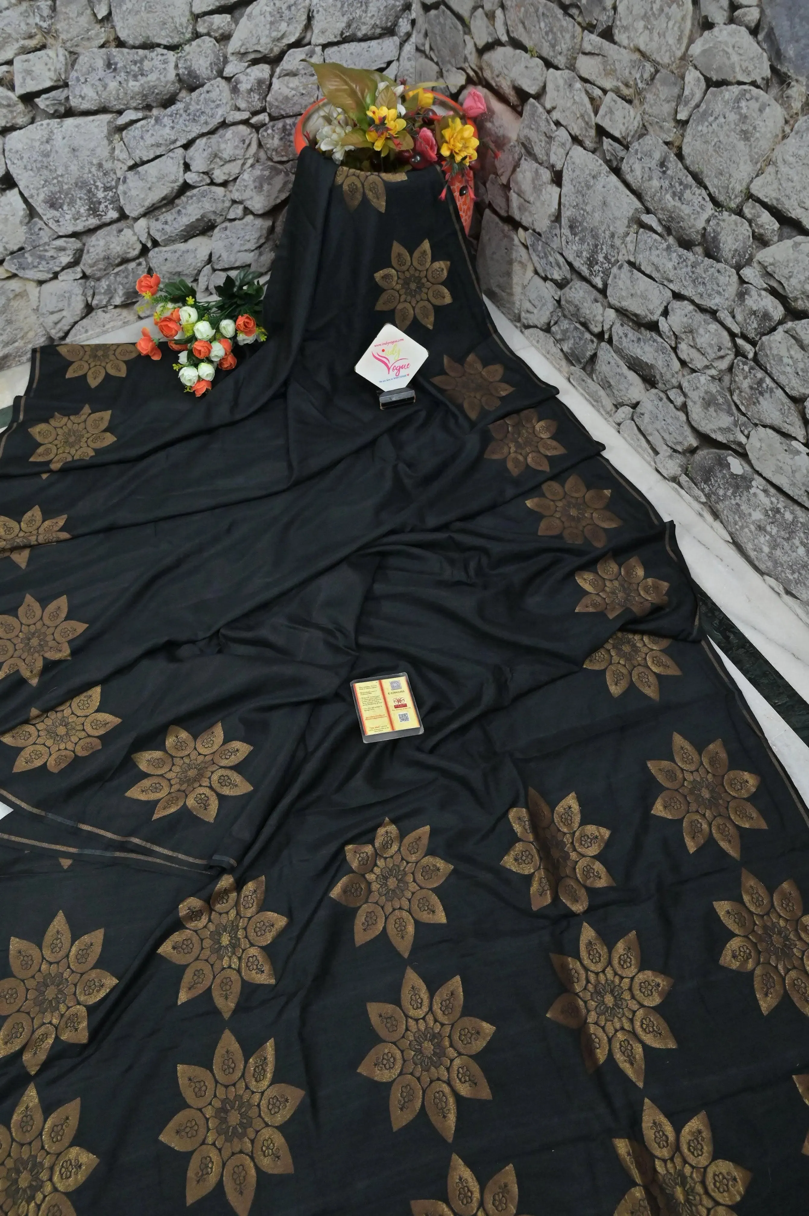 Coal Black Color Muga Banarasi Saree