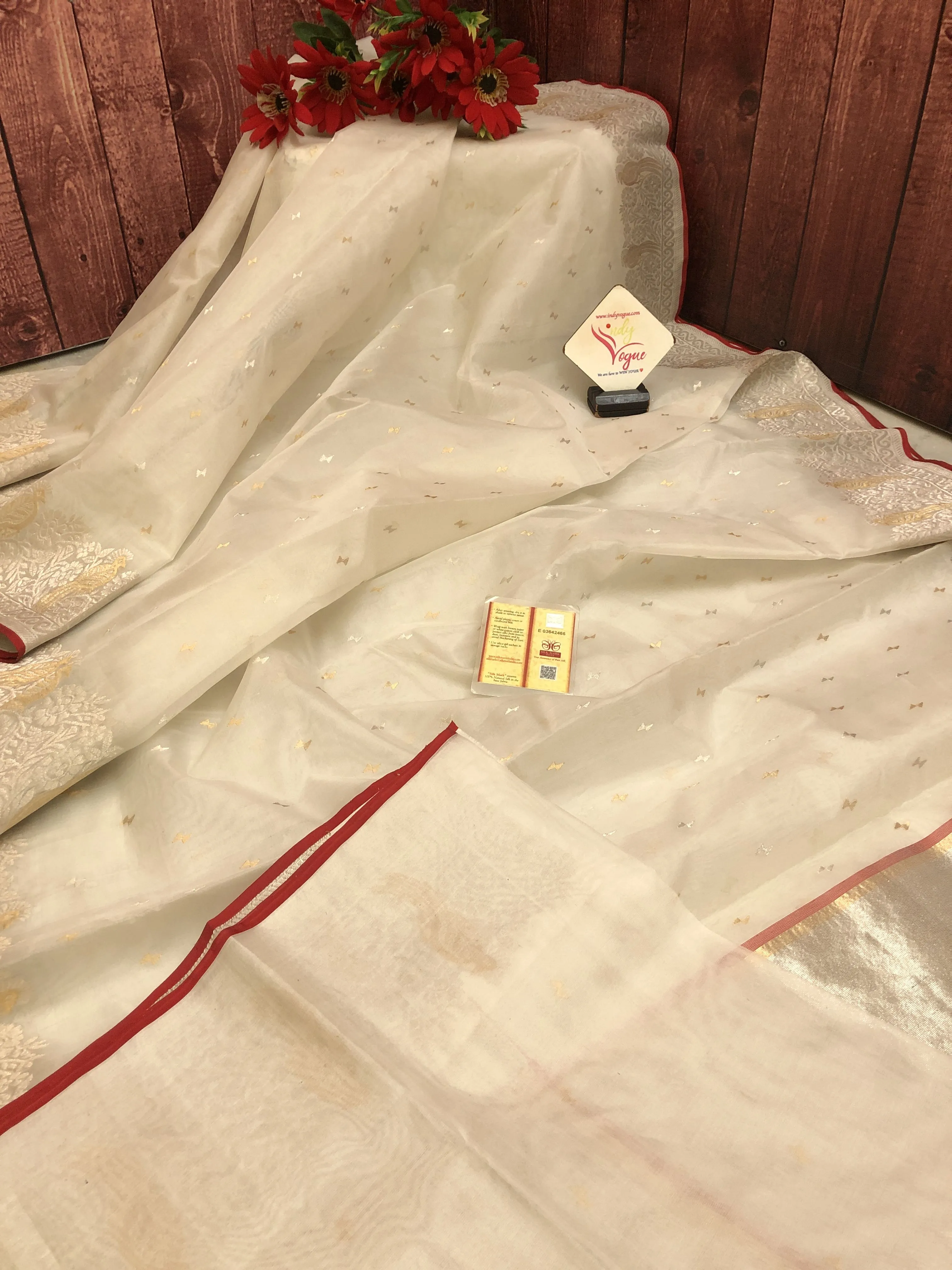 Cream White Color Pure Chanderi Silk Banarasi Saree with Meenakari Work