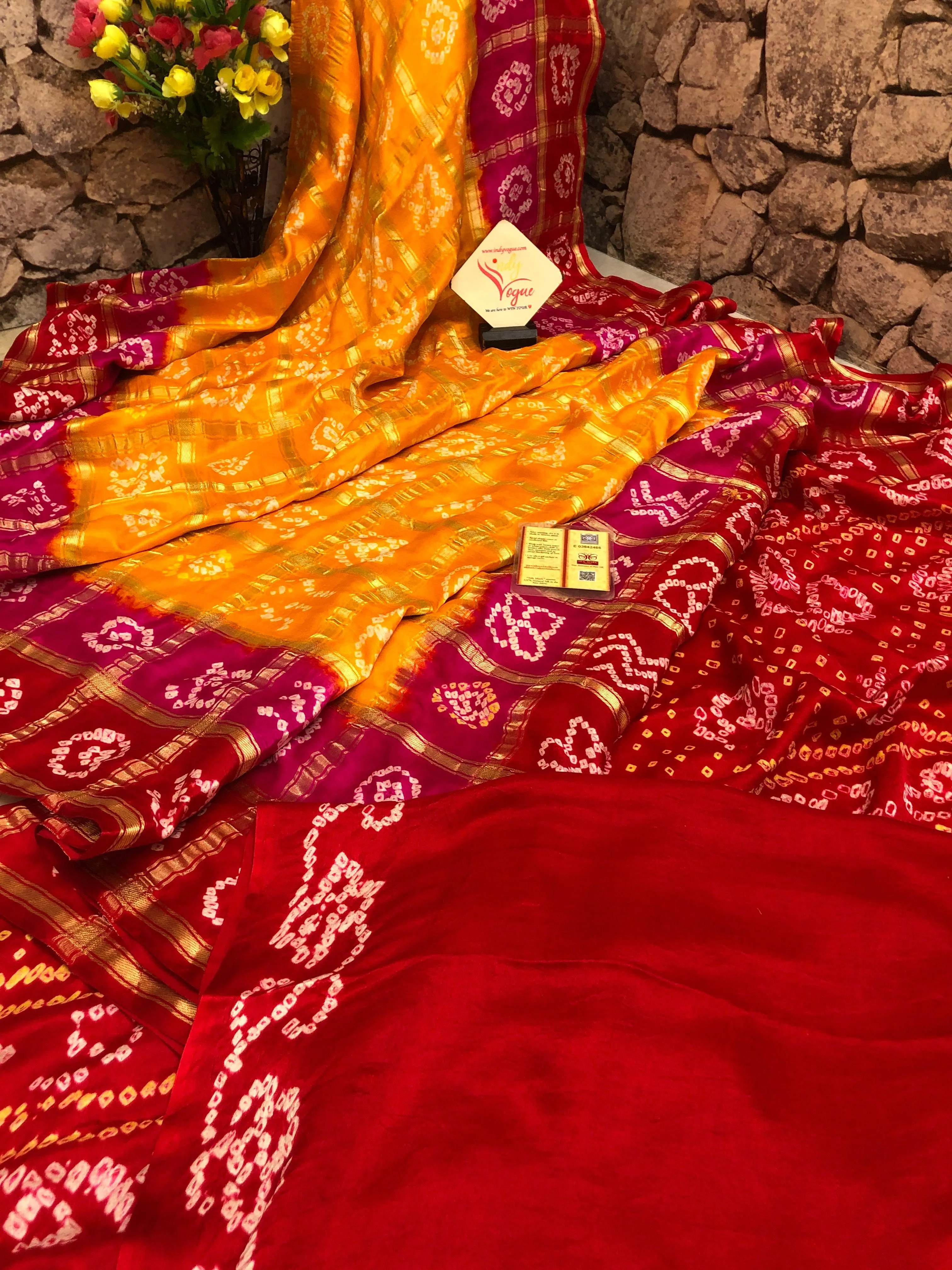 Dark Yellow and Red Color Pure Ghazi Silk Gharchola Saree with Hand Bandhani