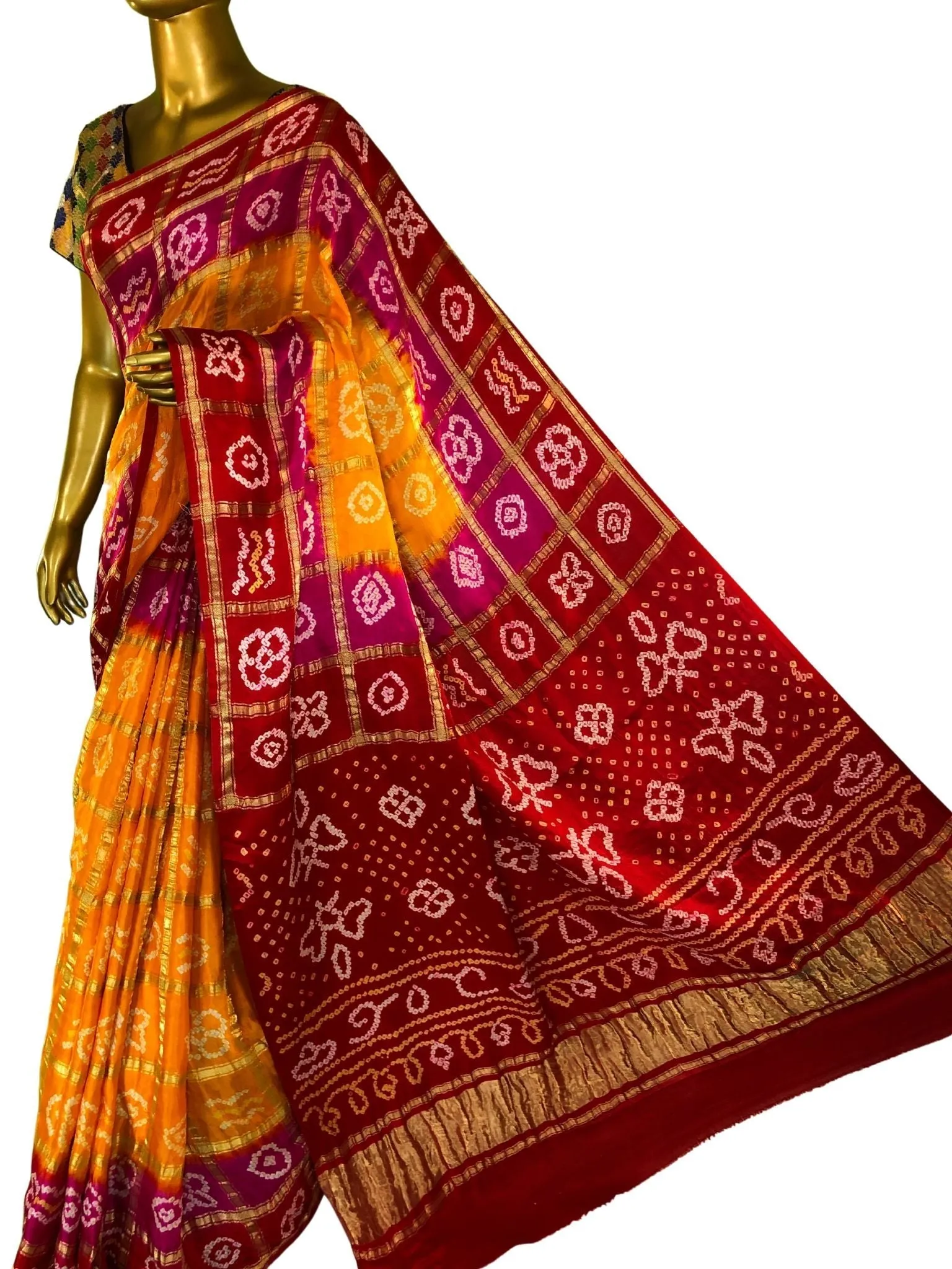 Dark Yellow and Red Color Pure Ghazi Silk Gharchola Saree with Hand Bandhani