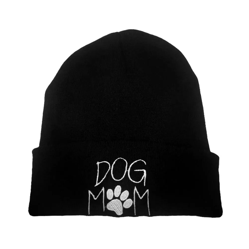 Dog Mom Message Paw Pointed Solid Knit Beanie Hat