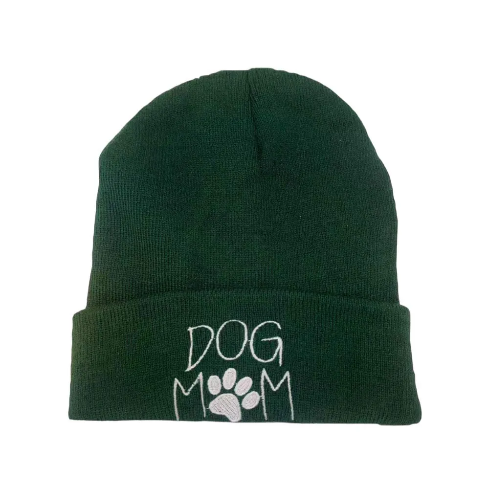 Dog Mom Message Paw Pointed Solid Knit Beanie Hat