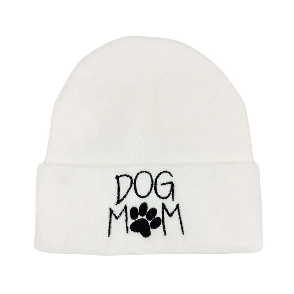 Dog Mom Message Paw Pointed Solid Knit Beanie Hat