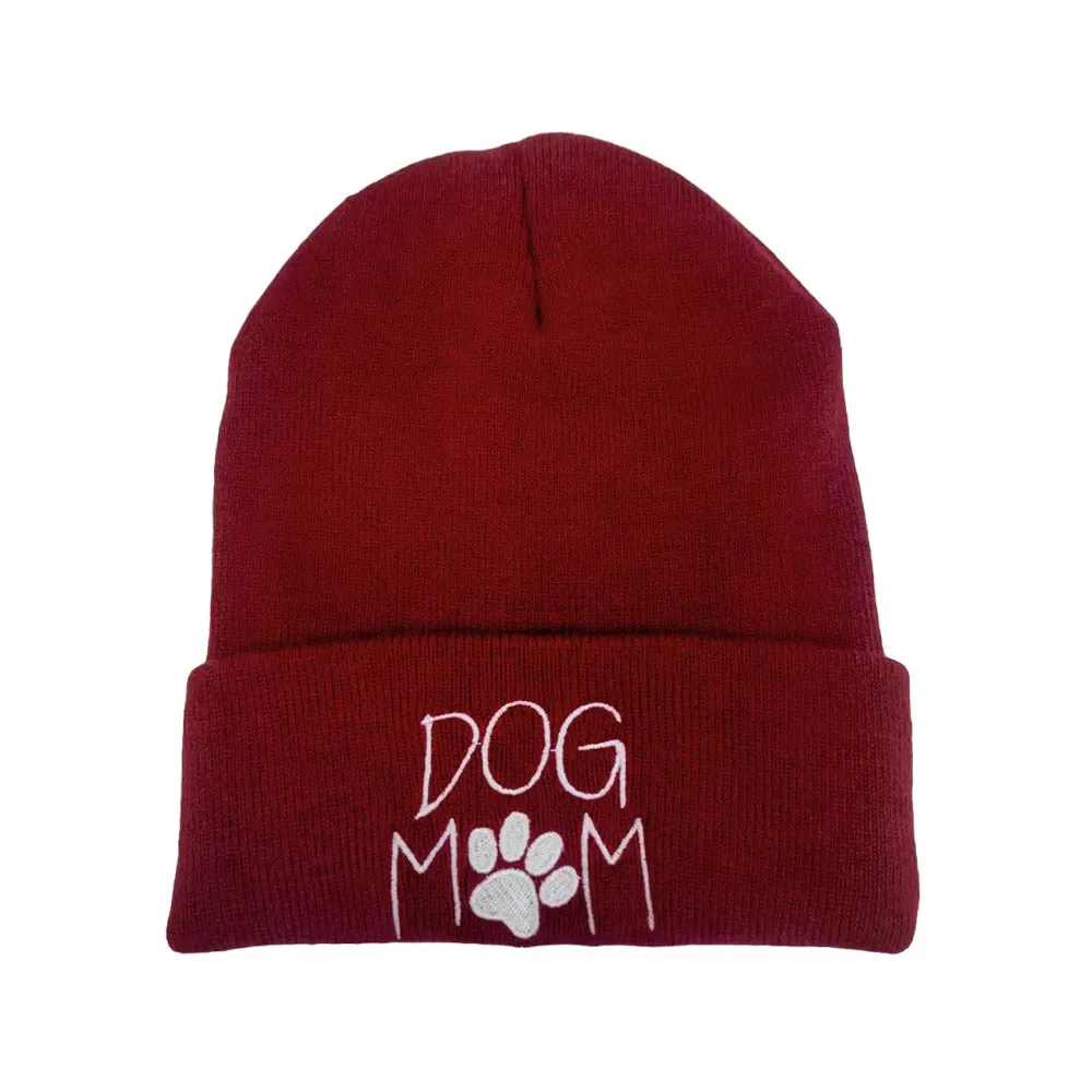 Dog Mom Message Paw Pointed Solid Knit Beanie Hat