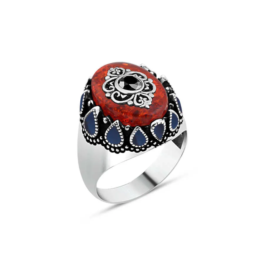 Eye Figure on Ellipse Synthetic Red Amber Stone Silver Men's Ring with Blue Teardrops Around