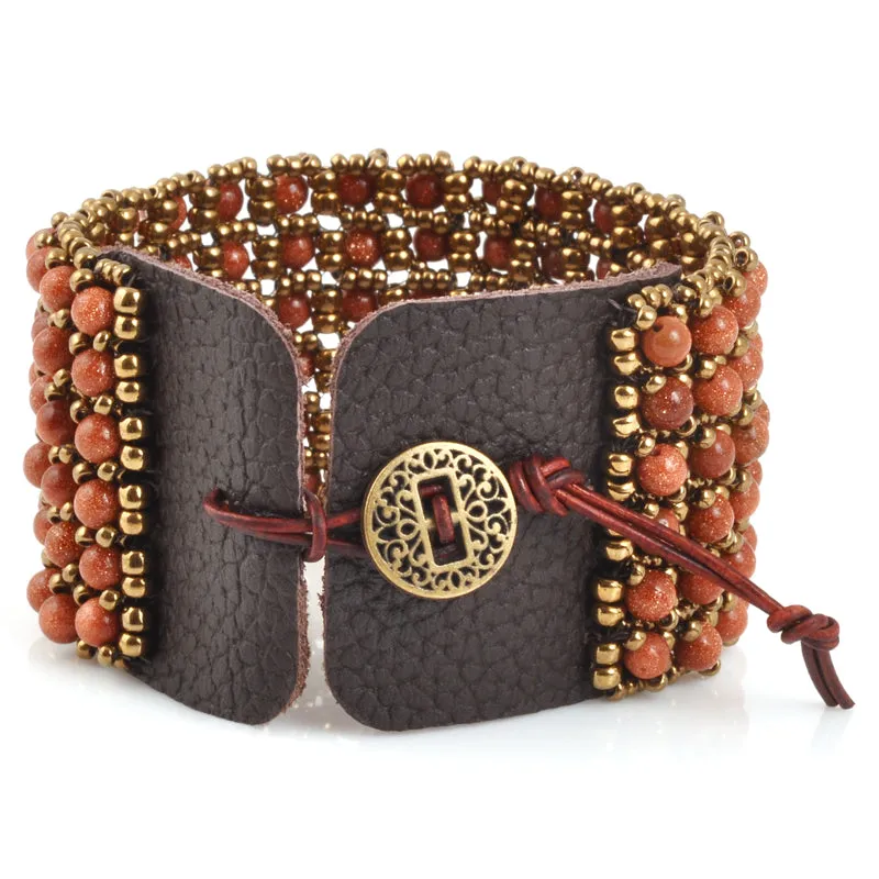 Finished Jewelry-Brown Leather and Lace Goldstone Bracelet Cuff