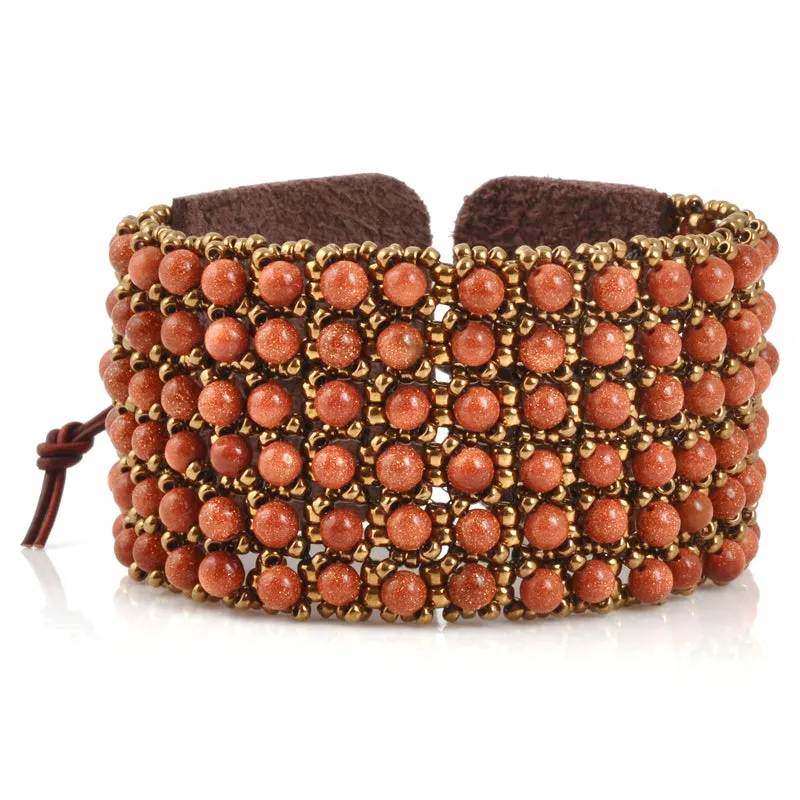 Finished Jewelry-Brown Leather and Lace Goldstone Bracelet Cuff