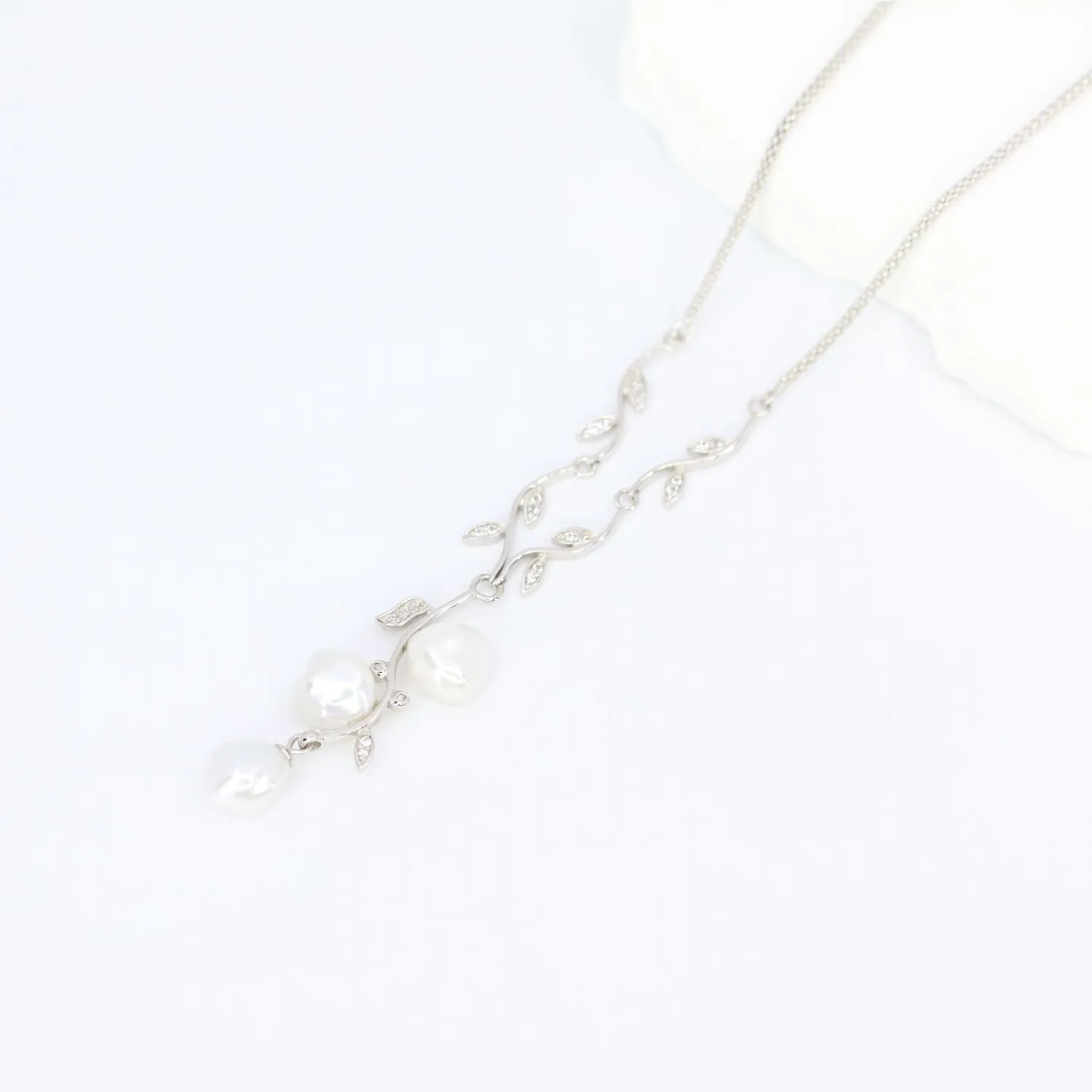 Freshwater Pearl & White Topaz Leaf Necklace