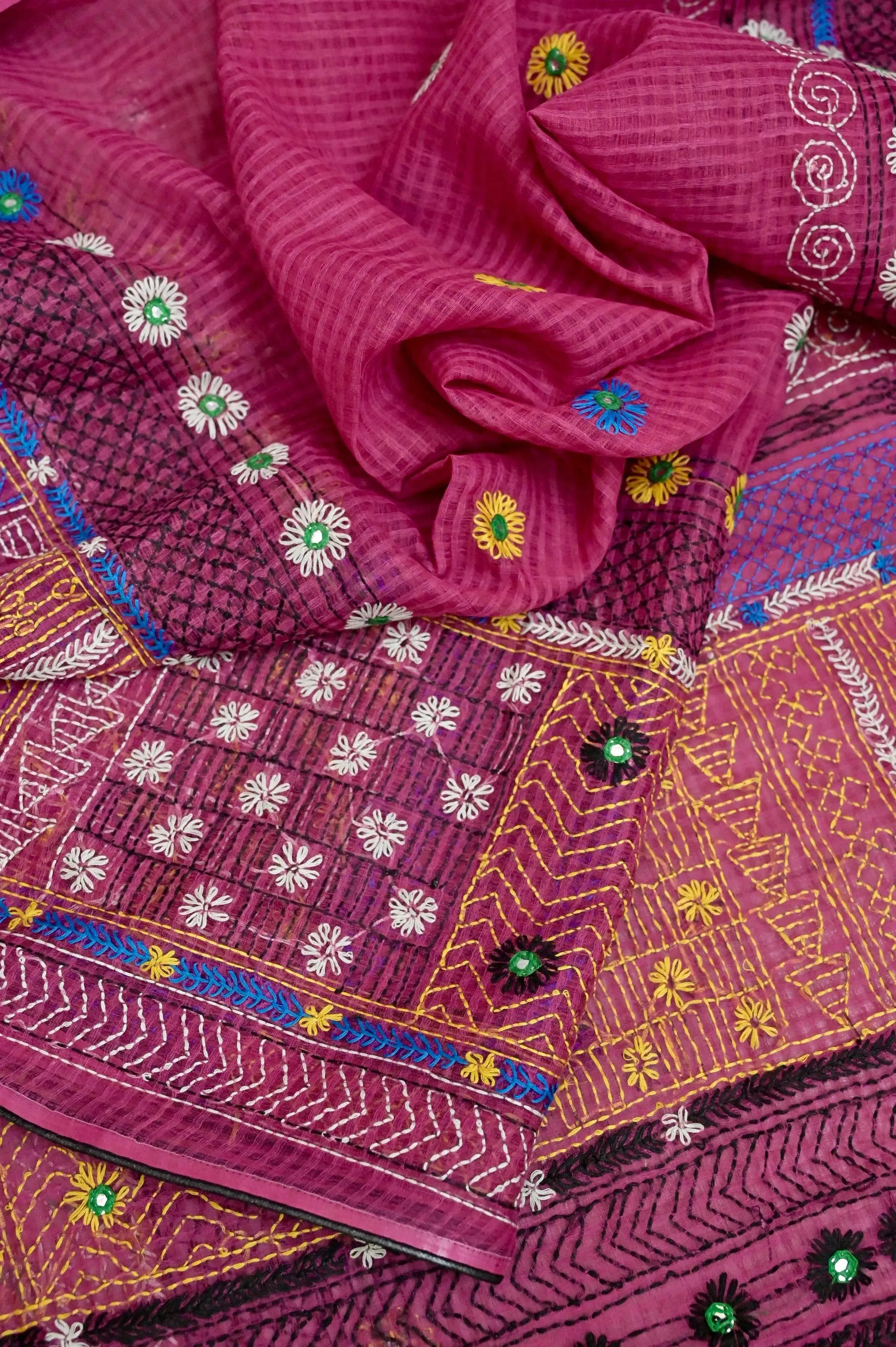 Fuchsia Pink Color Resham Kota Saree with Hand Lambani and Mirror Work