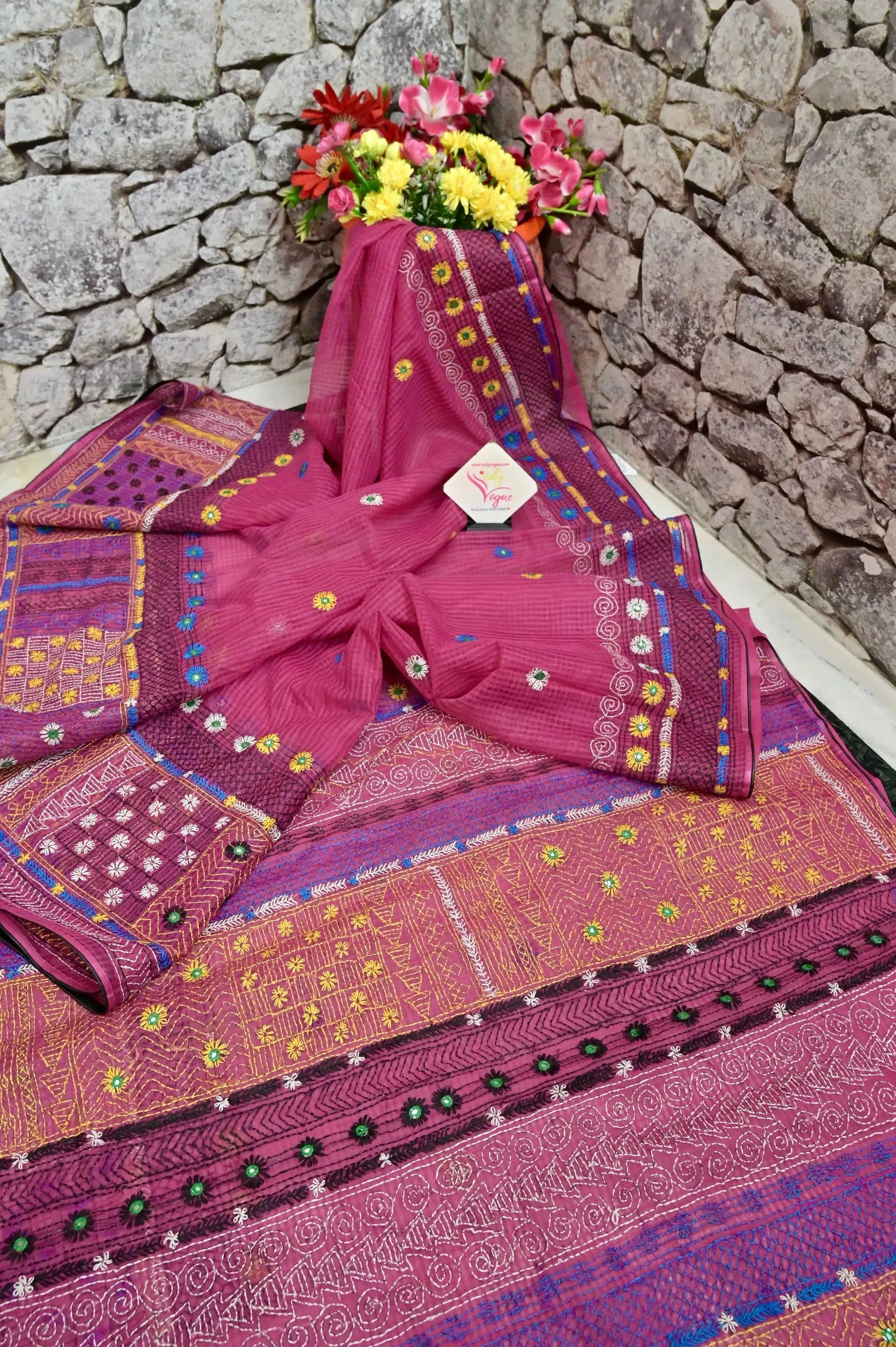 Fuchsia Pink Color Resham Kota Saree with Hand Lambani and Mirror Work