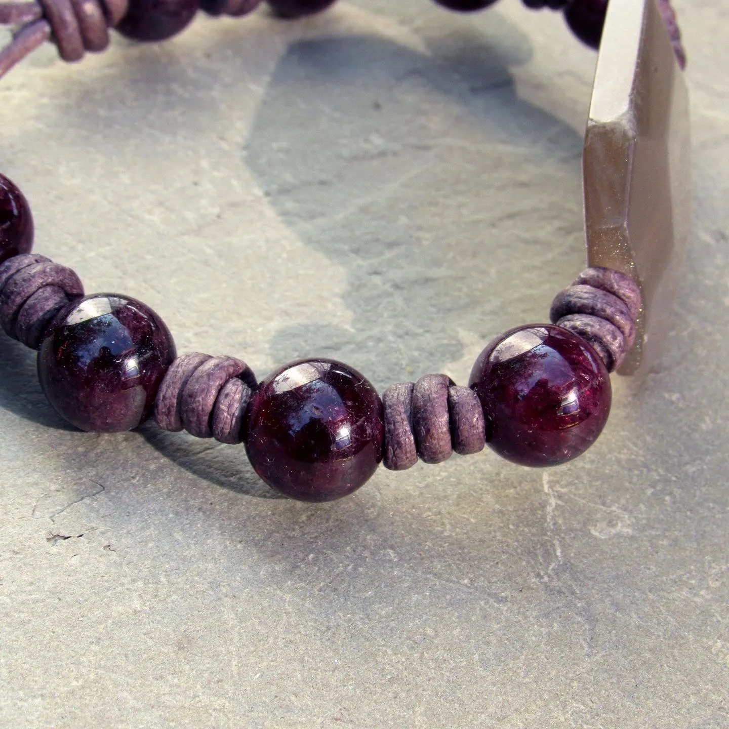 Garnet gemstone and silver moonstone leather bracelet