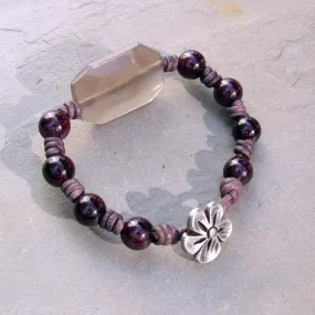 Garnet gemstone and silver moonstone leather bracelet