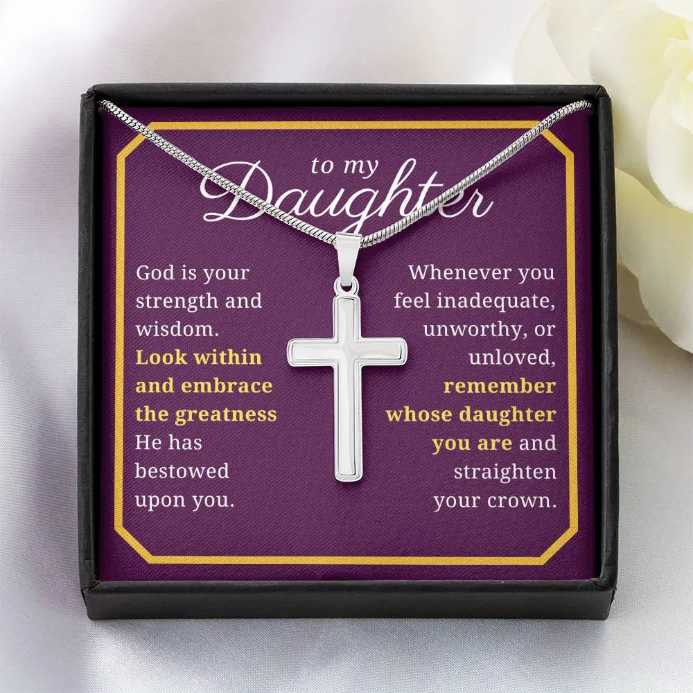 Gift For Daughter, Confirmation or Baptism Strength and Wisdom Stainless Steel Cross Necklace