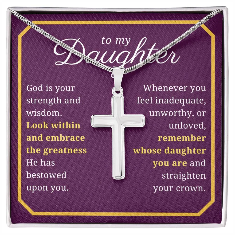 Gift For Daughter, Confirmation or Baptism Strength and Wisdom Stainless Steel Cross Necklace