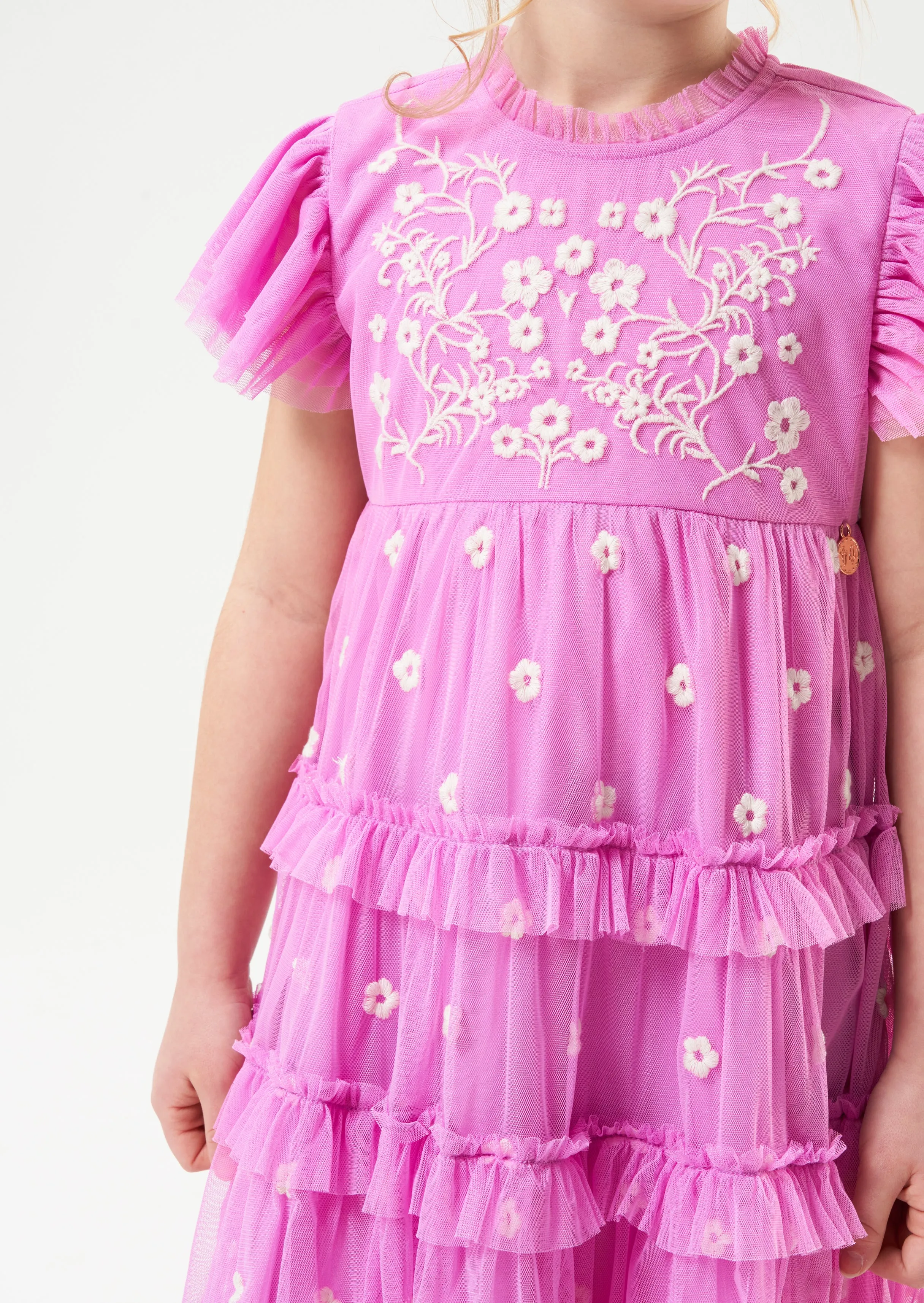 Girls Pink Floral Embroidered Mesh Dress