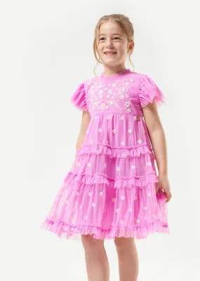 Girls Pink Floral Embroidered Mesh Dress