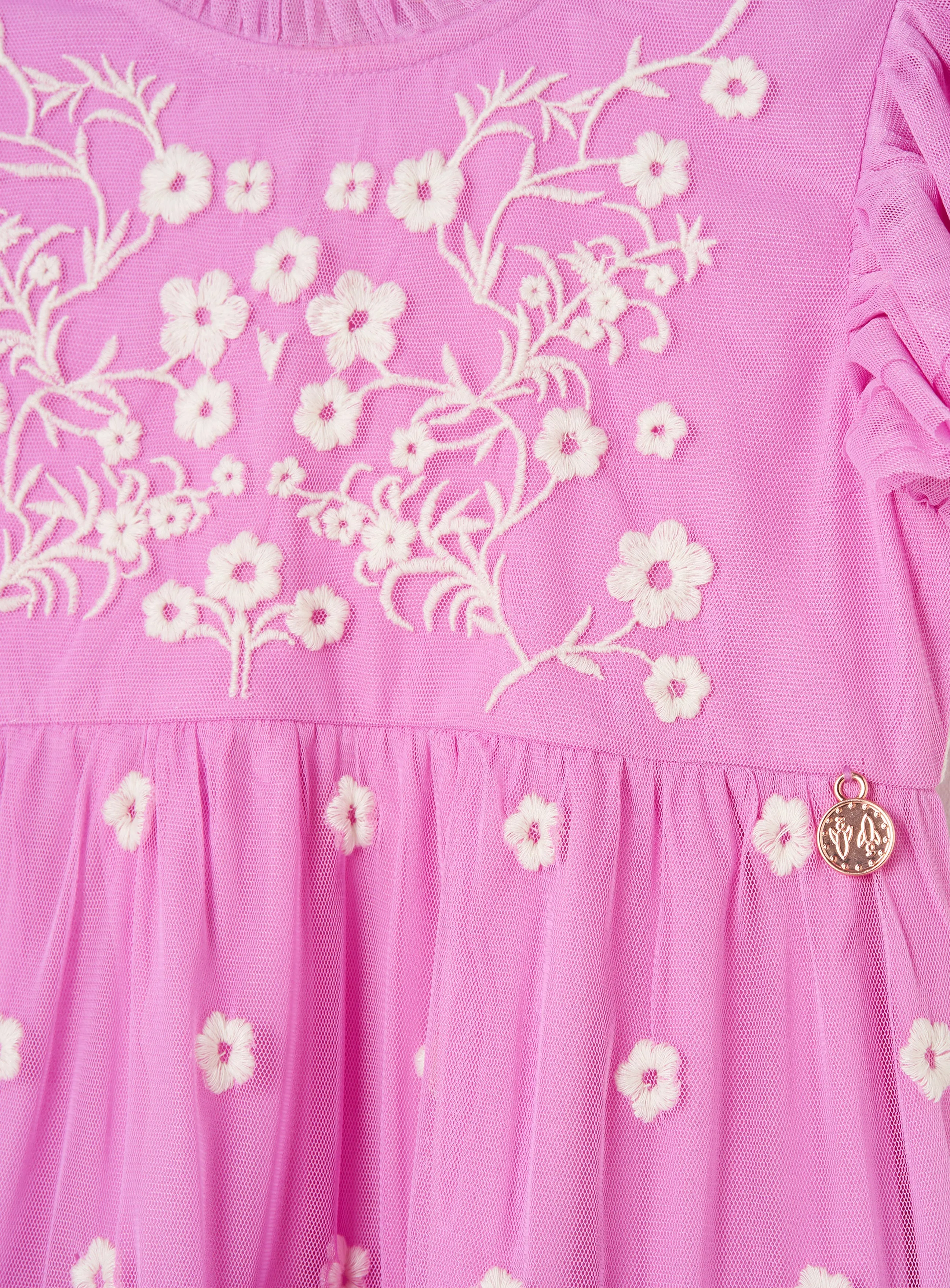 Girls Pink Floral Embroidered Mesh Dress