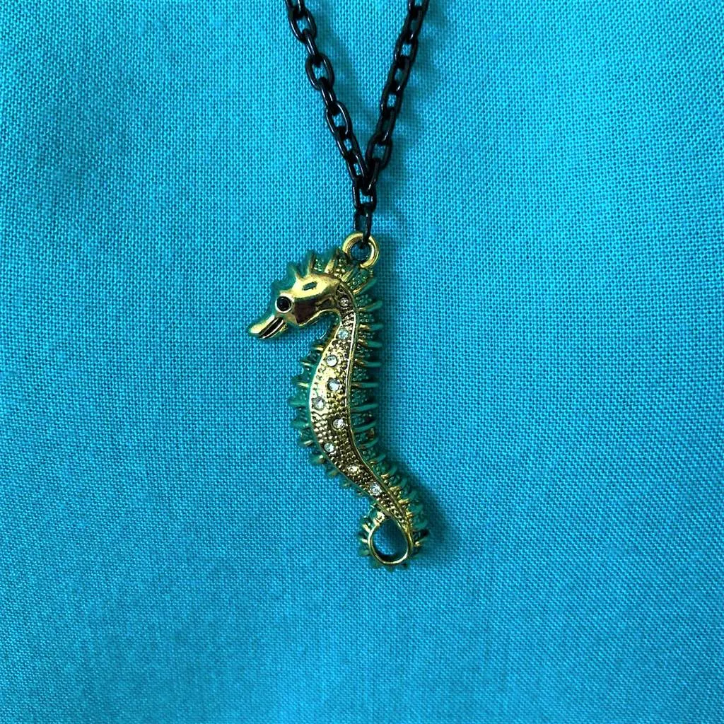 Gold Seahorse on Black Chain with Crystals