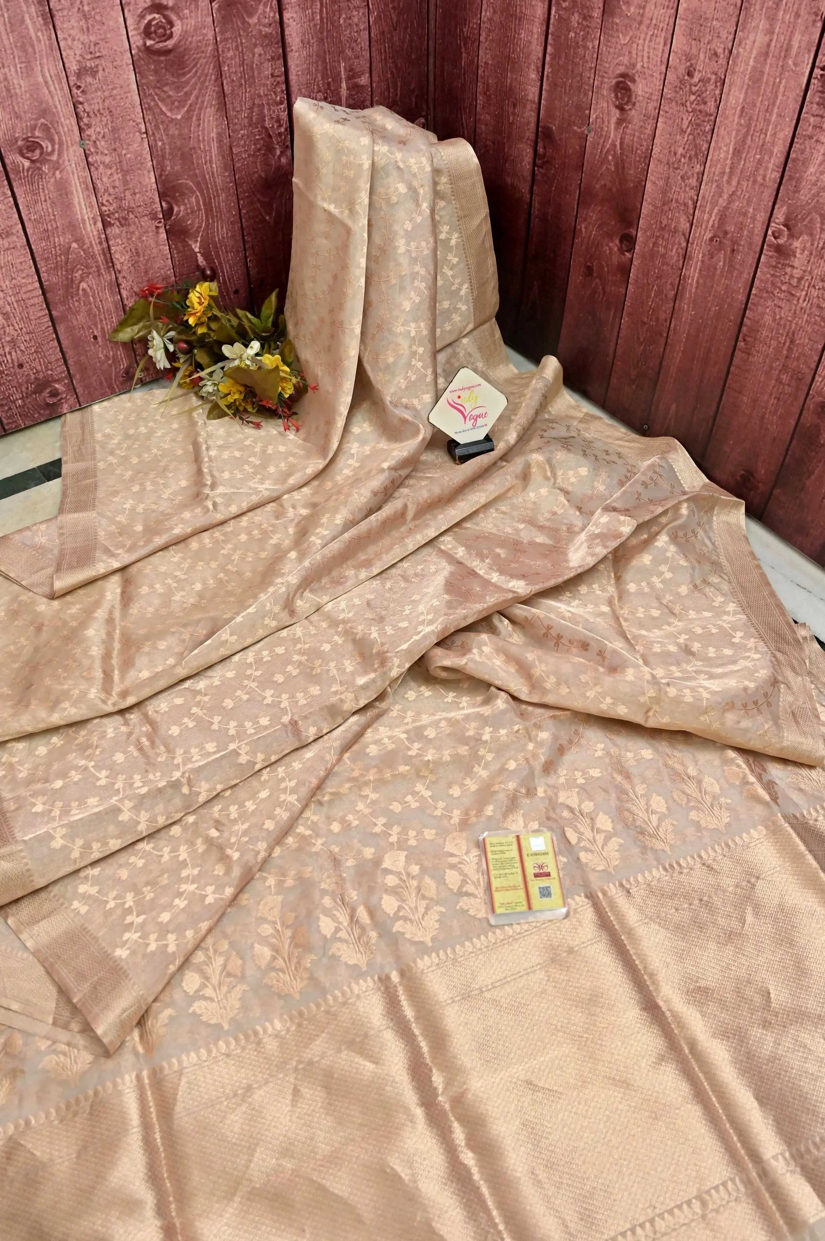 Golden Ivory Color Tissue Banarasi Saree Allover Jaal Work