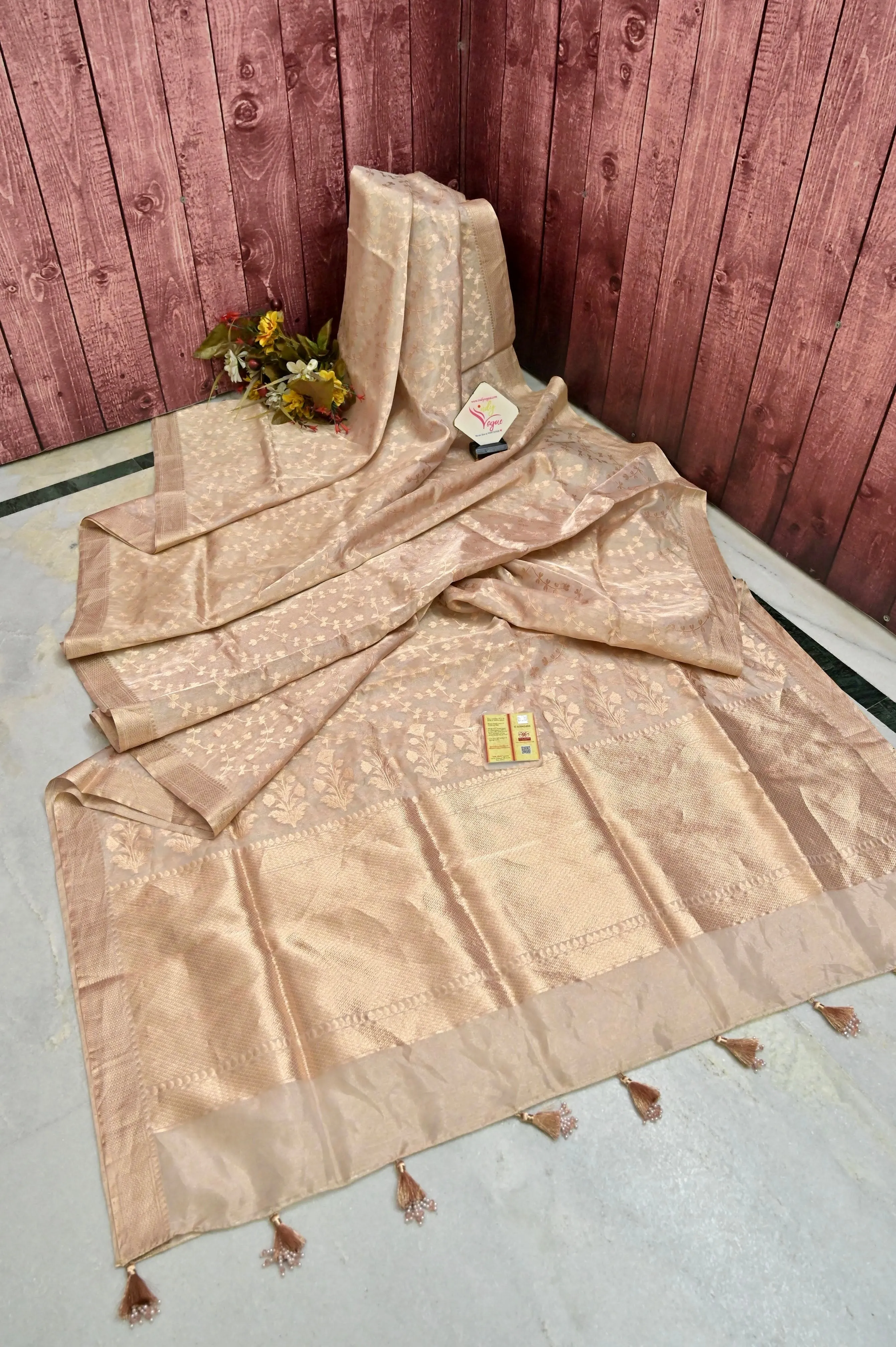 Golden Ivory Color Tissue Banarasi Saree Allover Jaal Work