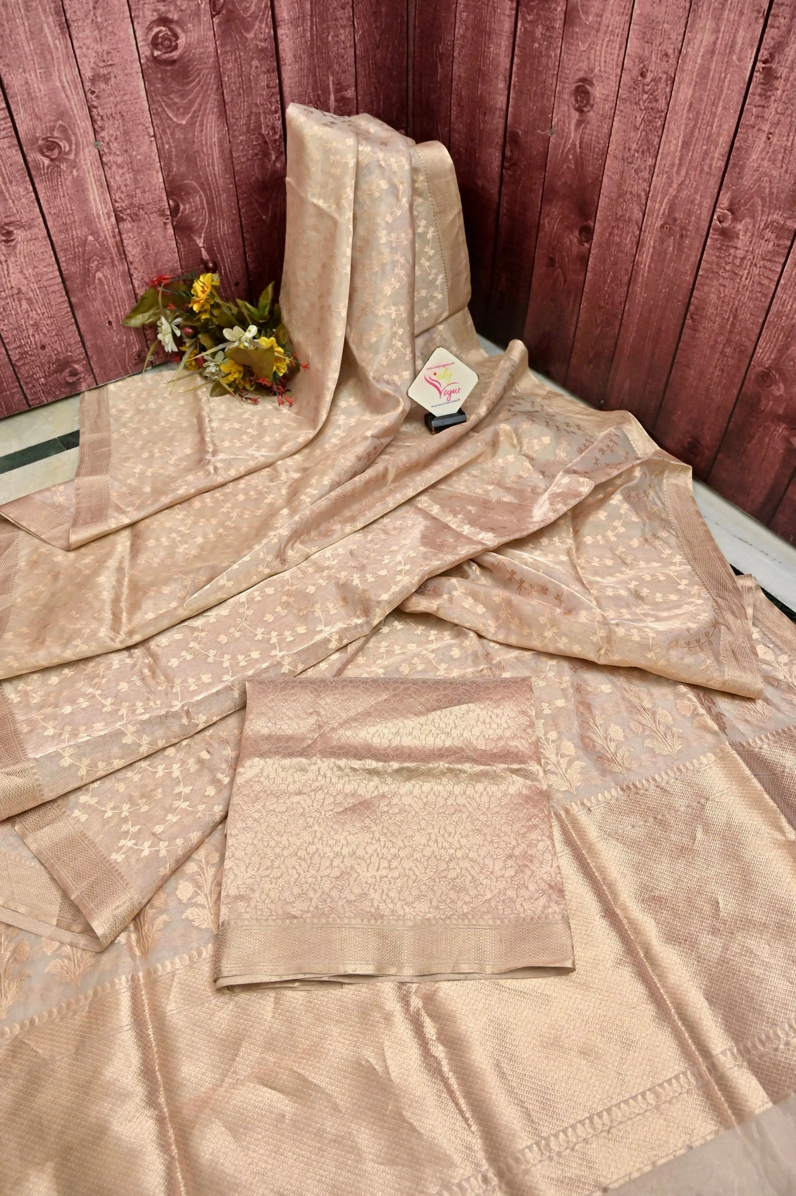 Golden Ivory Color Tissue Banarasi Saree Allover Jaal Work