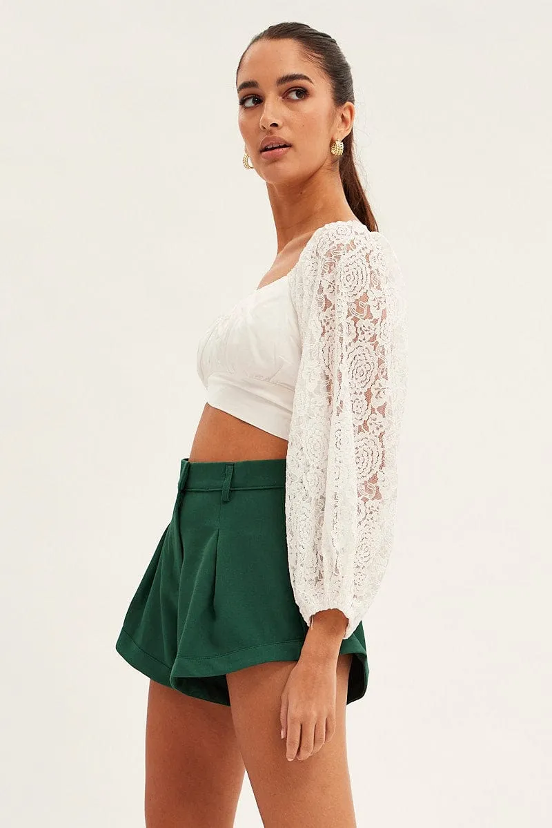 Green High Rise Shorts Pleated