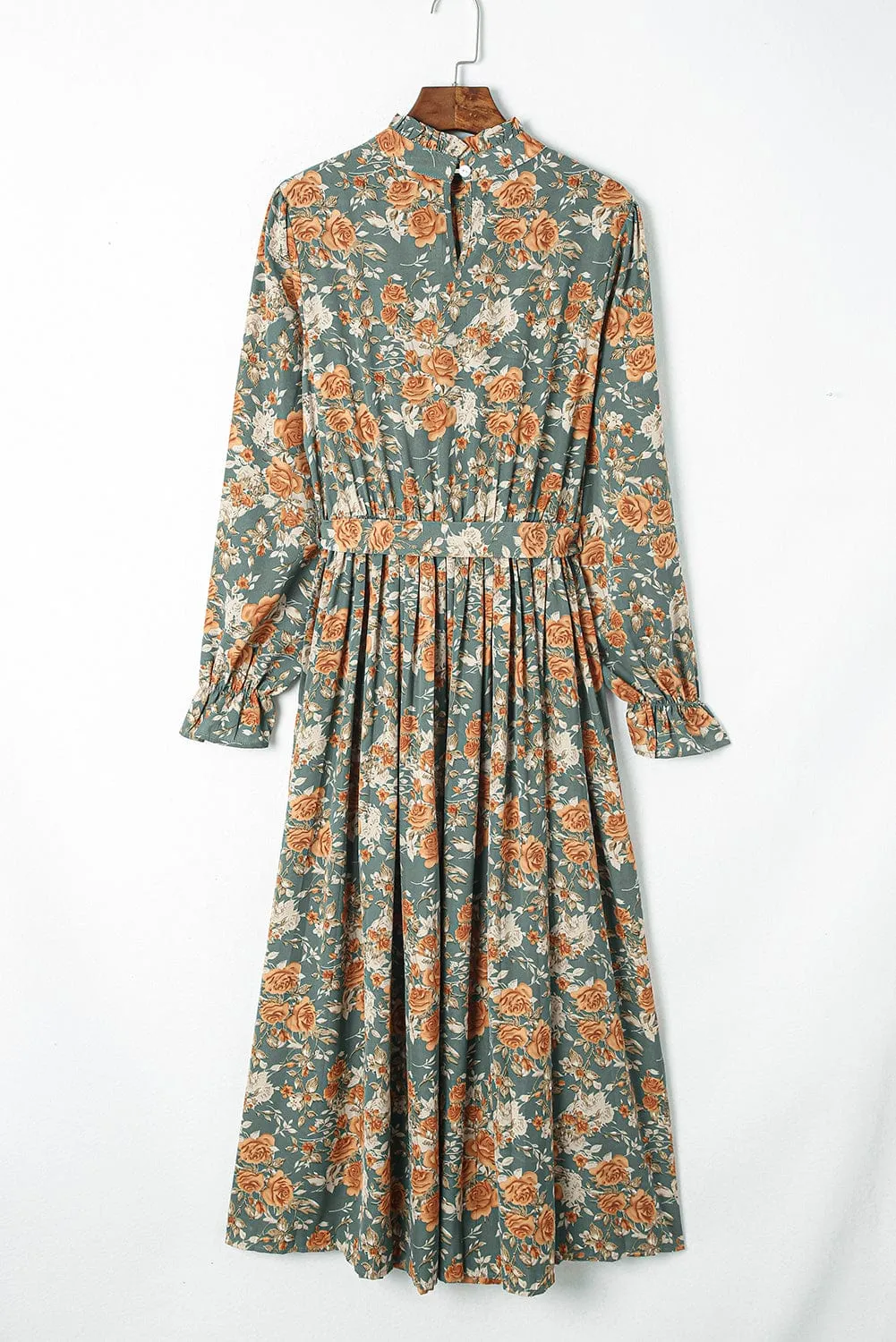 Green Pleated Long Sleeve Maxi Floral Dress with Tie