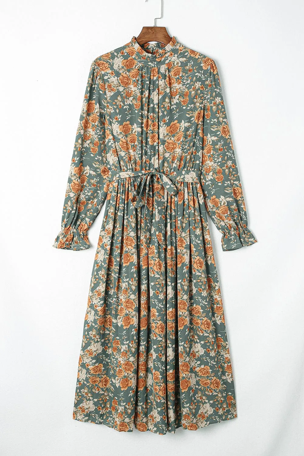 Green Pleated Long Sleeve Maxi Floral Dress with Tie