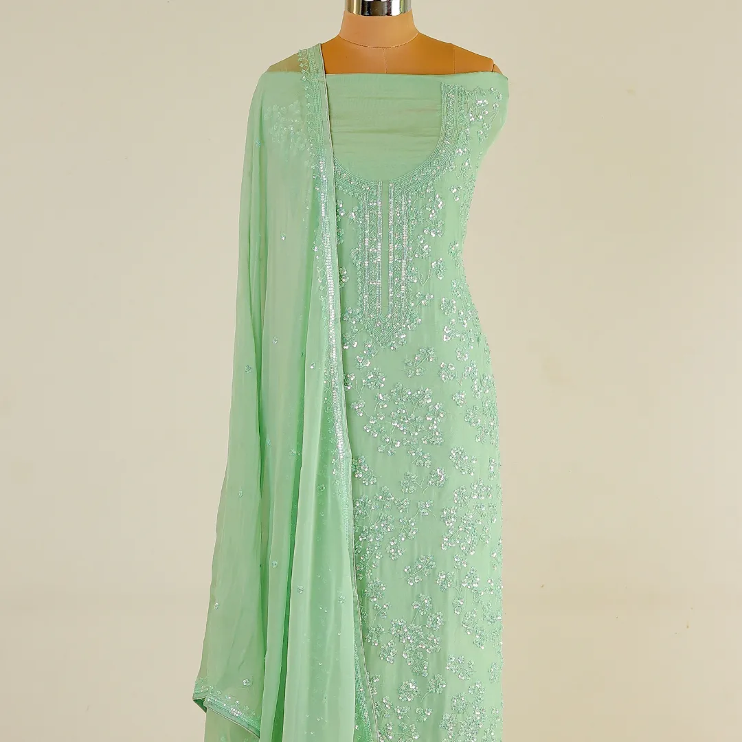 Hand-Embroidered Coral Green Organza Suit with Jaal Pattern