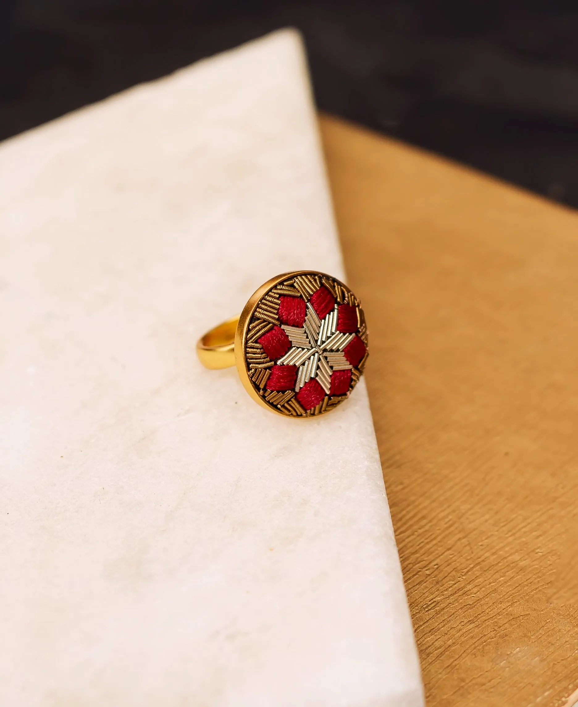 Hand Embroidered Red And Gold Ring