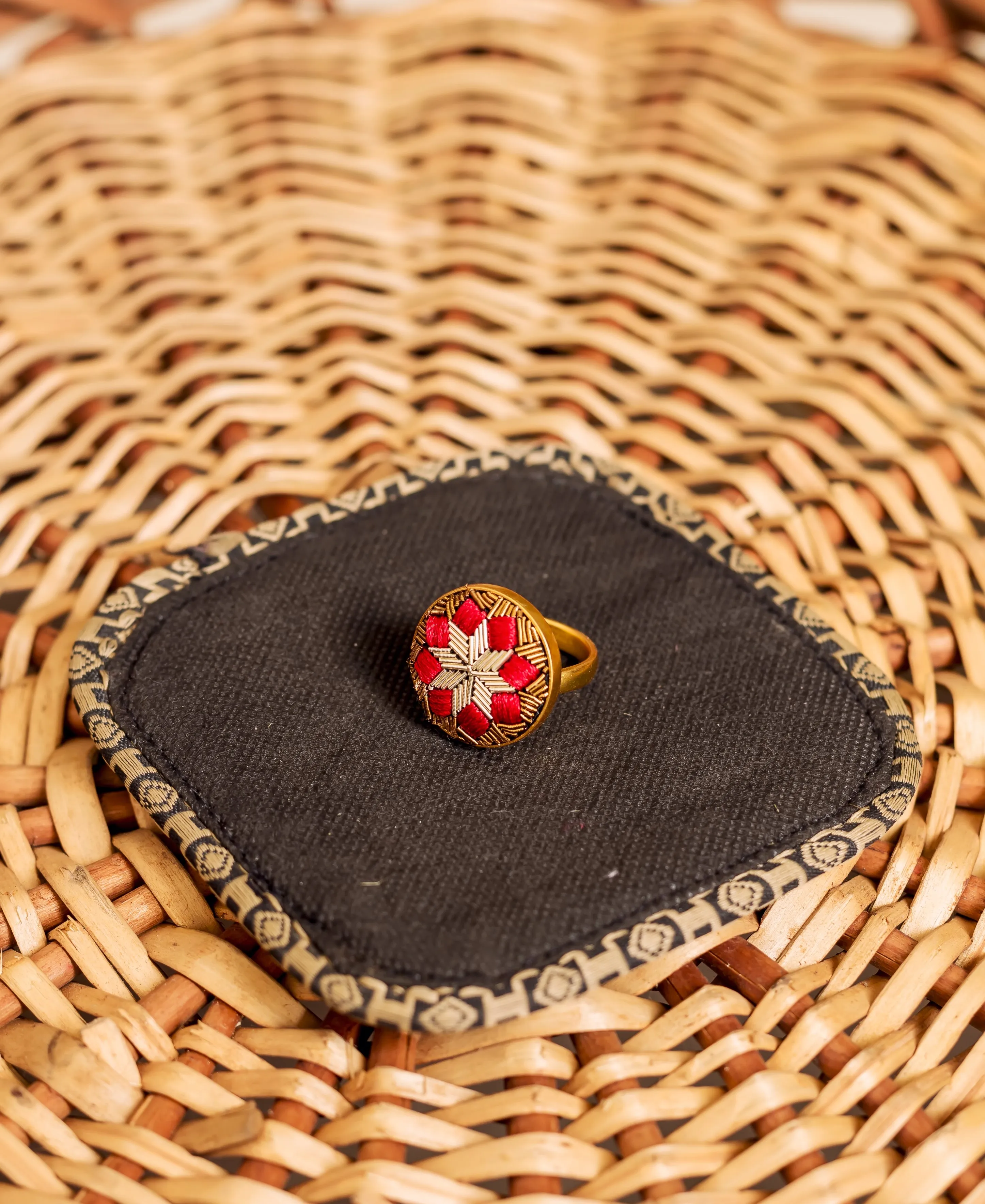 Hand Embroidered Red And Gold Ring