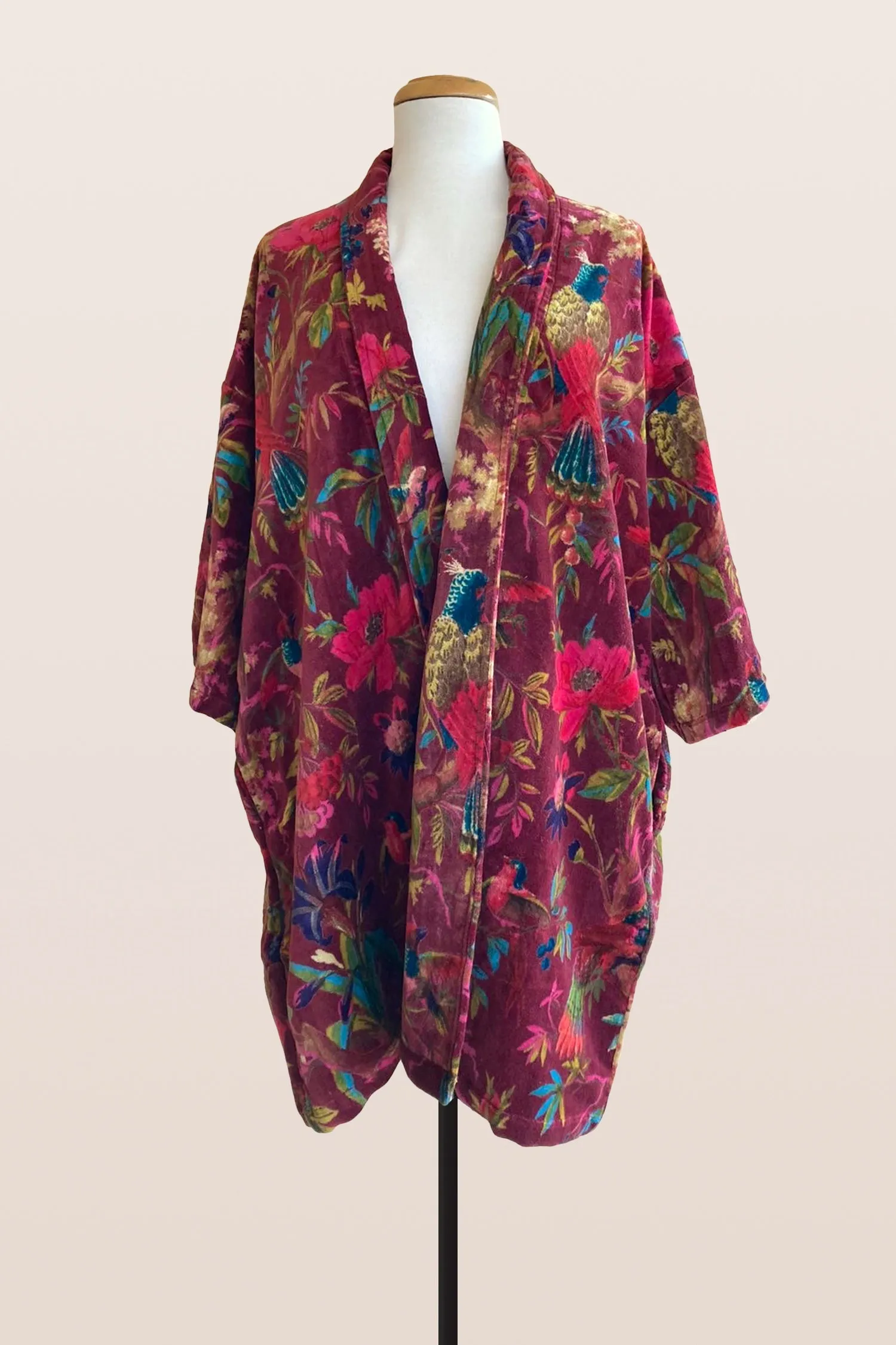 Hand Printed Floral Velvet Kimono - Burgundy