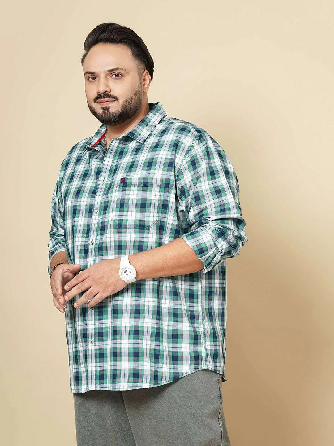 Hardsoda Men Navy Plus Size Checked Casual Shirt