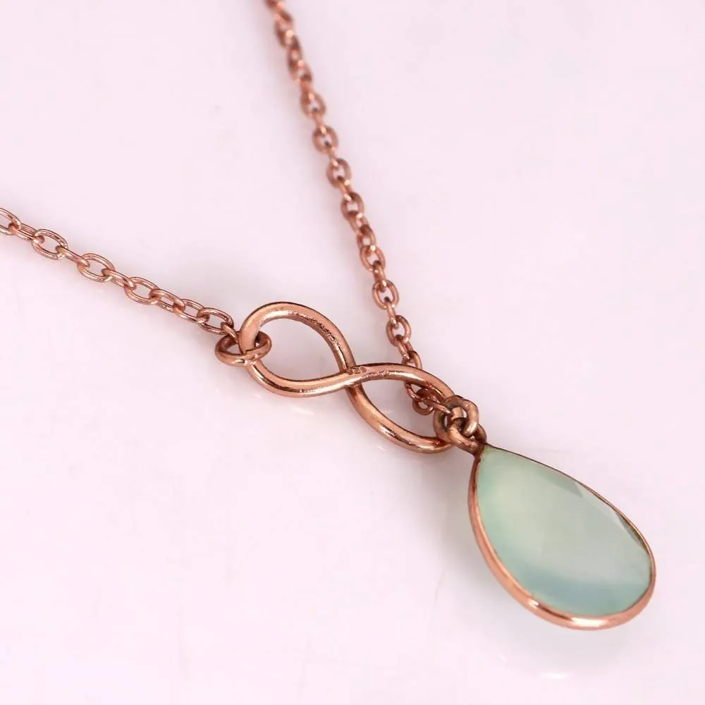 Infinity Necklace Rose Gold Vermeil In 925 Sterling Silver With Natural Chalcedony Gemstone, Women Silver Lariat Necklace