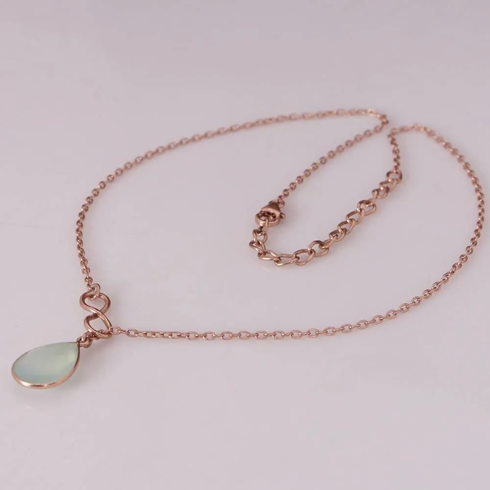 Infinity Necklace Rose Gold Vermeil In 925 Sterling Silver With Natural Chalcedony Gemstone, Women Silver Lariat Necklace