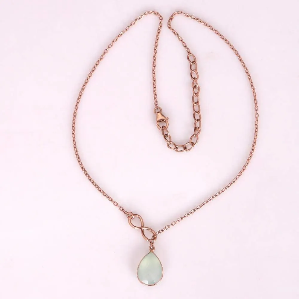 Infinity Necklace Rose Gold Vermeil In 925 Sterling Silver With Natural Chalcedony Gemstone, Women Silver Lariat Necklace