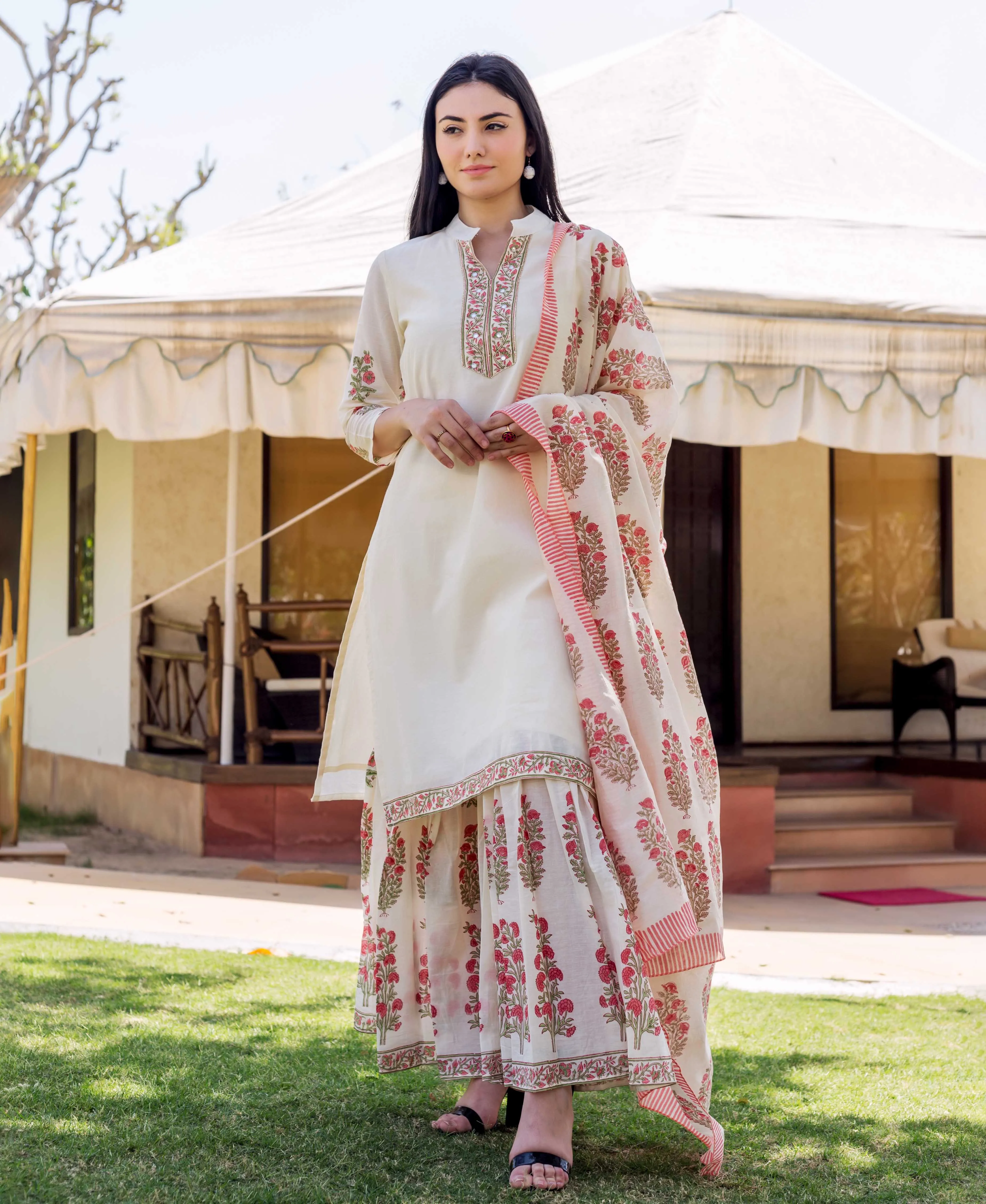 Ivory Block Printed and Embroidered Kurta