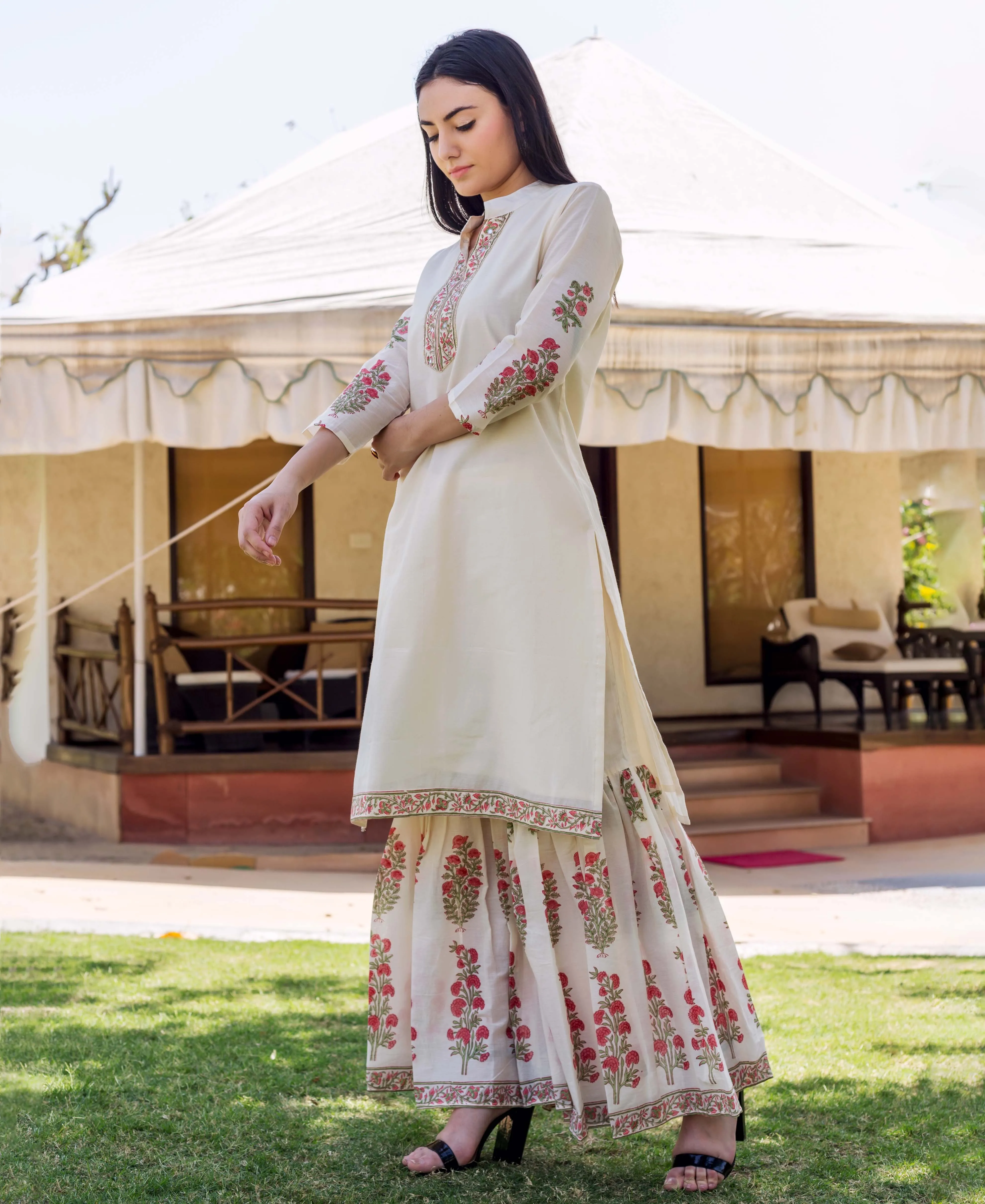 Ivory Block Printed and Embroidered Kurta