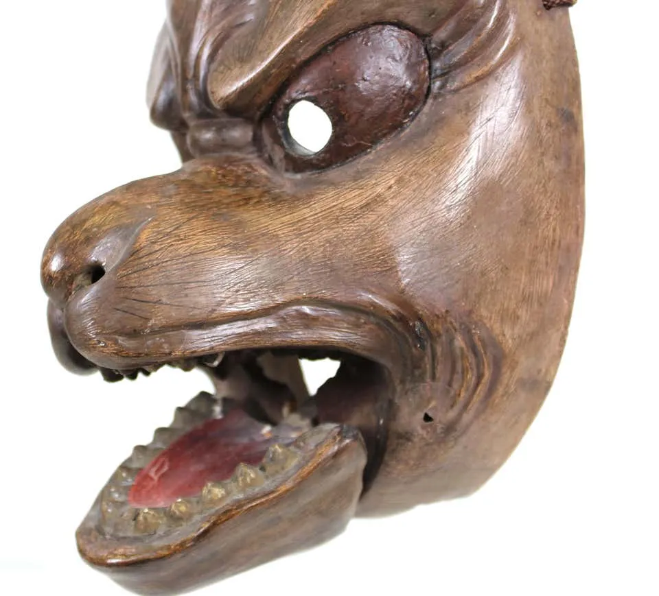 Japanese Edo Carved Wood Fox Mask with Articulated Jaw