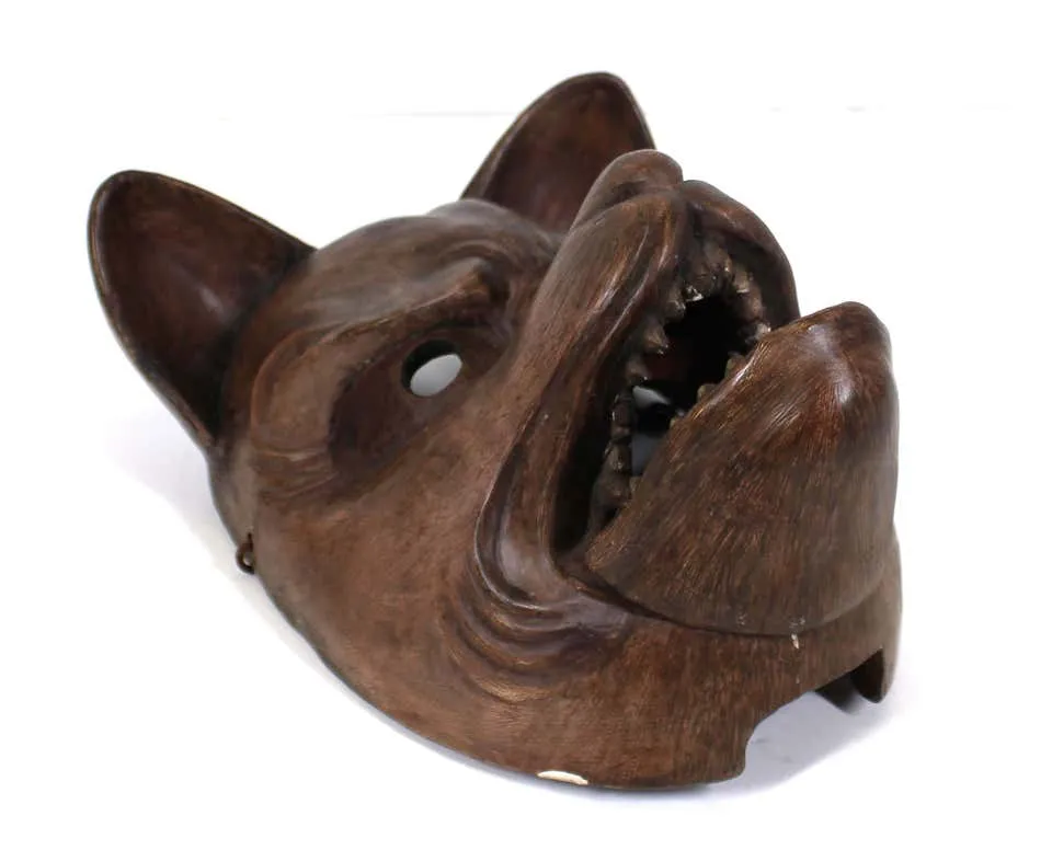 Japanese Edo Carved Wood Fox Mask with Articulated Jaw