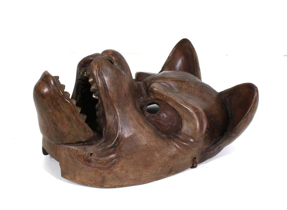 Japanese Edo Carved Wood Fox Mask with Articulated Jaw