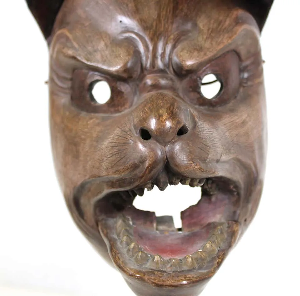 Japanese Edo Carved Wood Fox Mask with Articulated Jaw