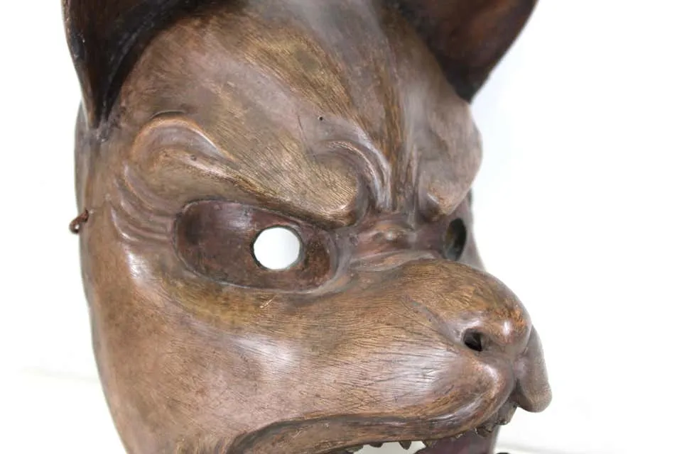 Japanese Edo Carved Wood Fox Mask with Articulated Jaw