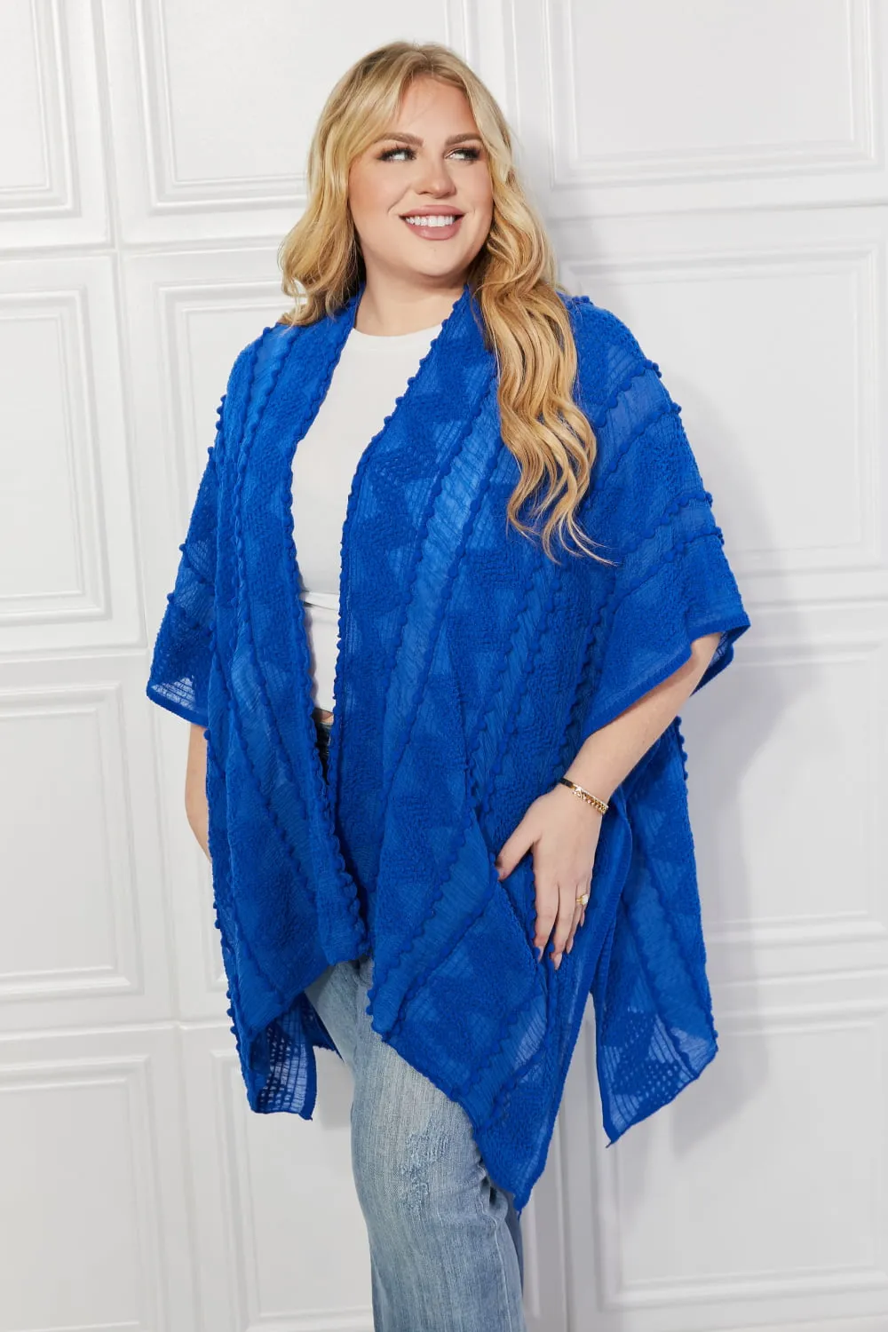 Justin Taylor Pom-Pom Asymmetrical Poncho Cardigan in Blue