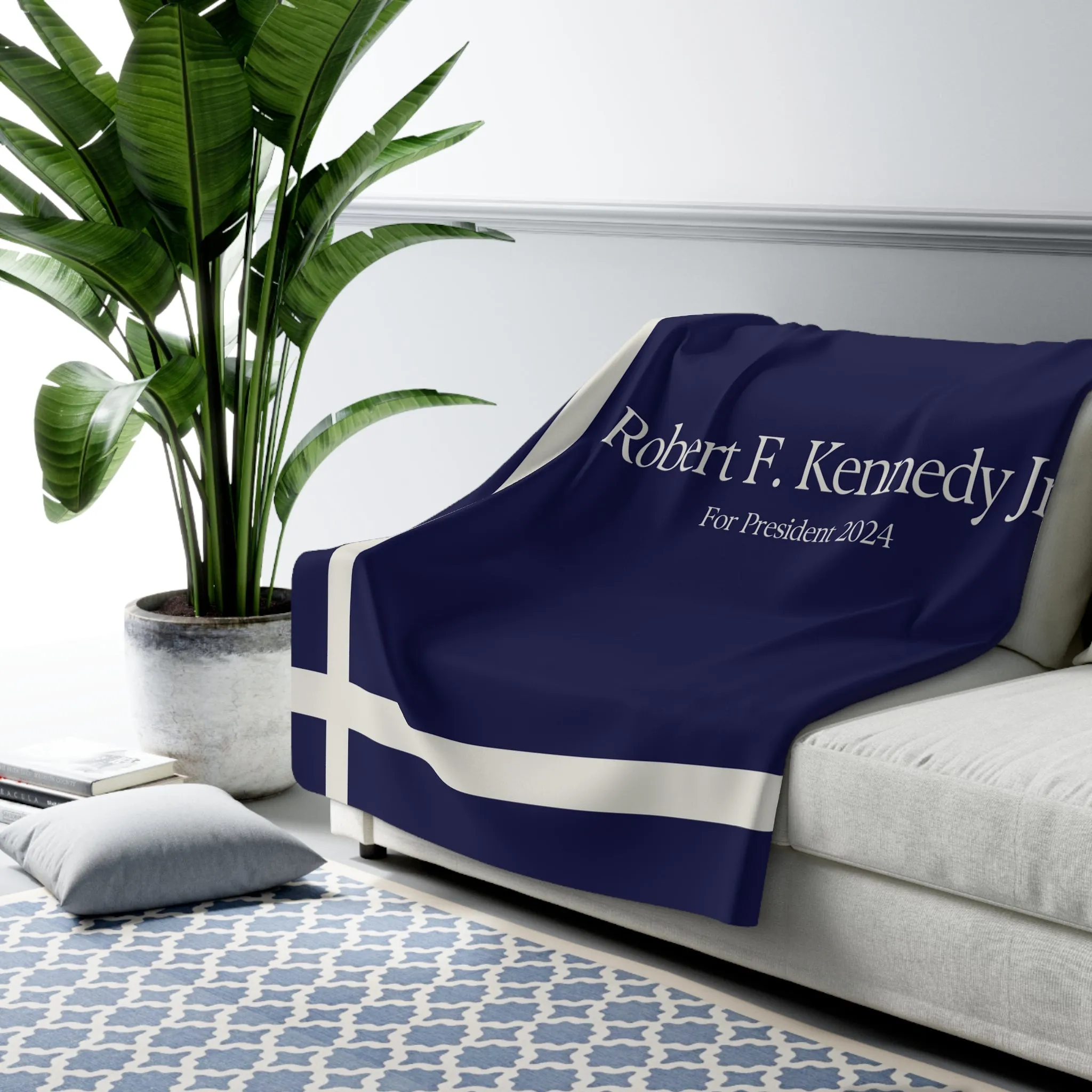 Kennedy for President Bordered Navy Sherpa Fleece Blanket