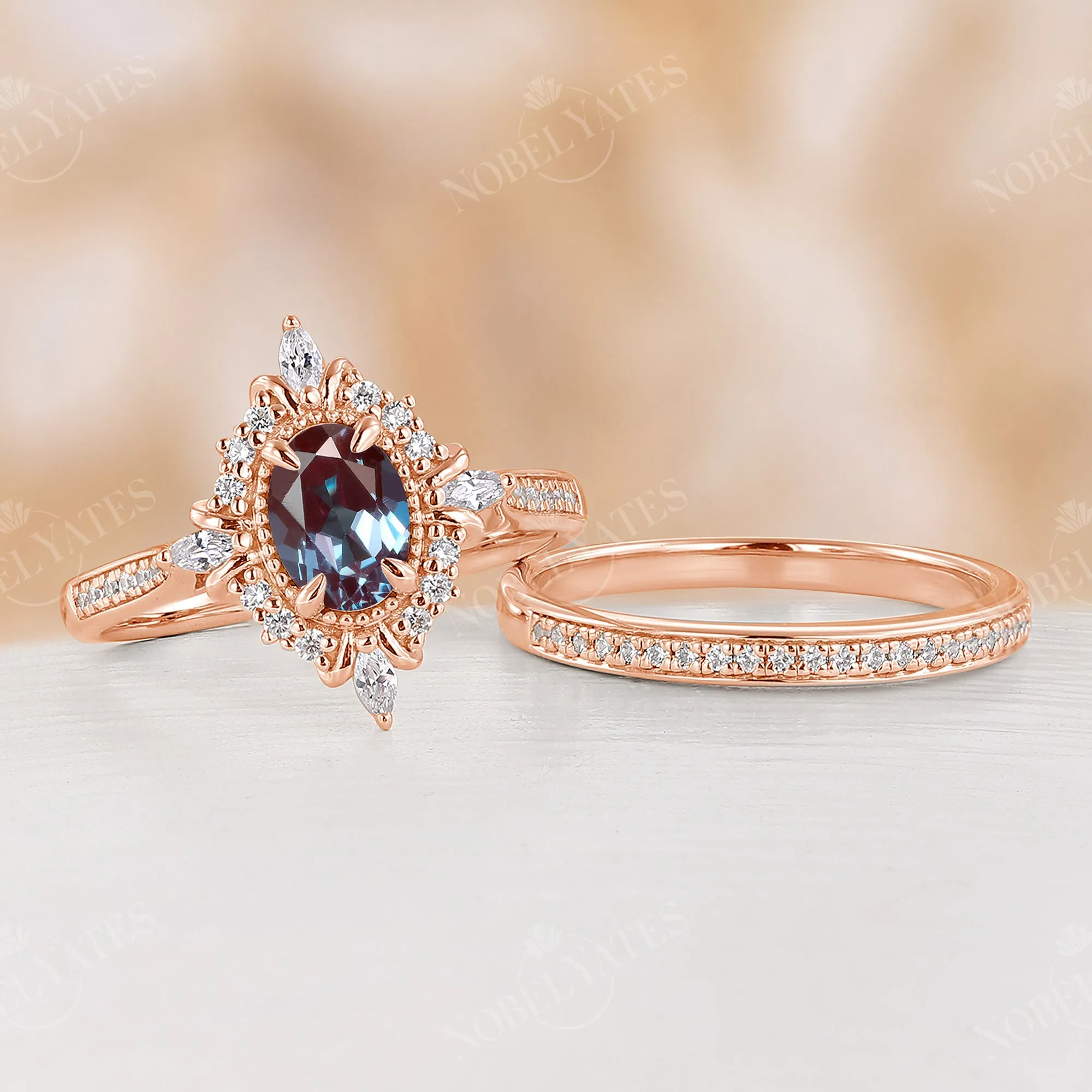 Lab Alexandrite Oval Rose Gold Pave & Milgrain Bridal Set