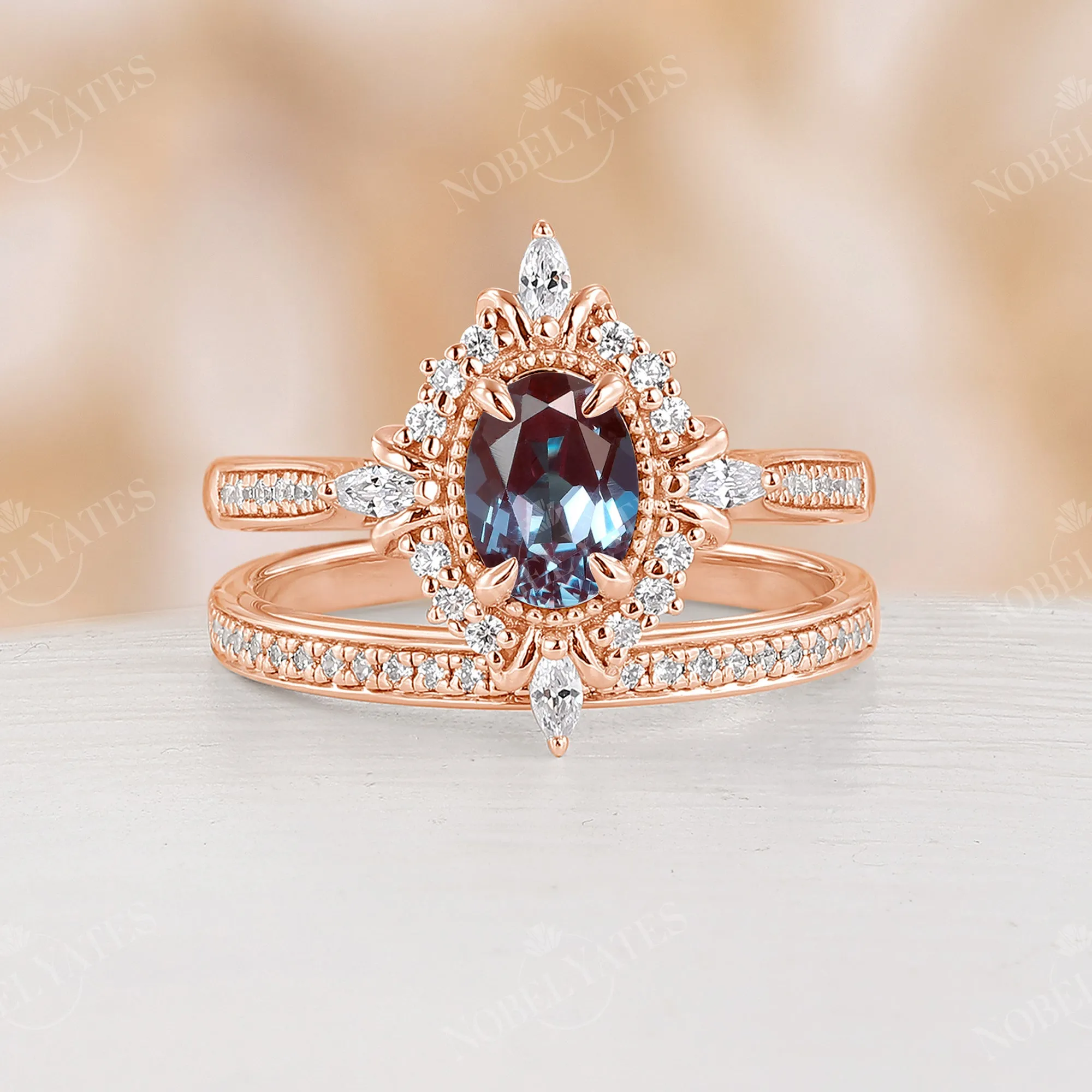 Lab Alexandrite Oval Rose Gold Pave & Milgrain Bridal Set