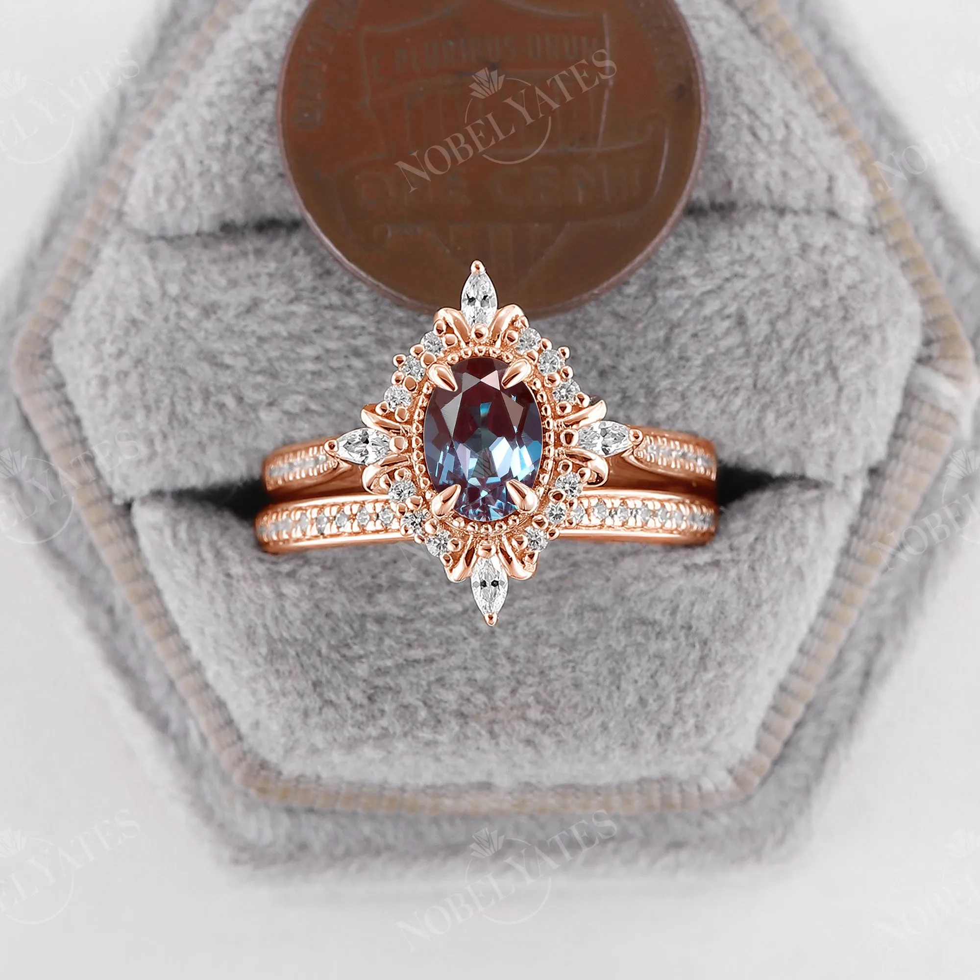 Lab Alexandrite Oval Rose Gold Pave & Milgrain Bridal Set